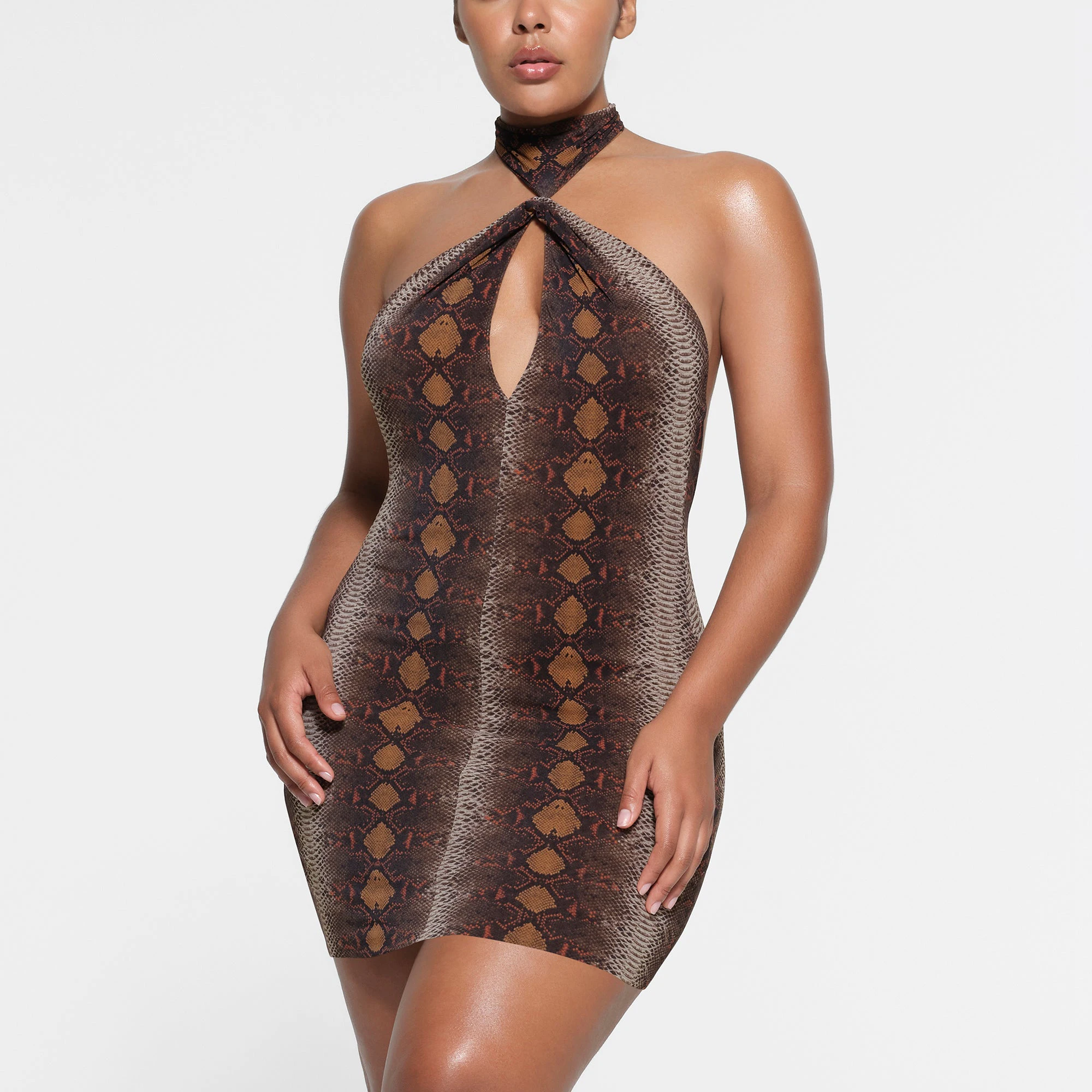 SUMMER MESH COVER UP HALTER MINI DRESS | DESERT SNAKE PRINT ON A MODEL FRONT VIEW