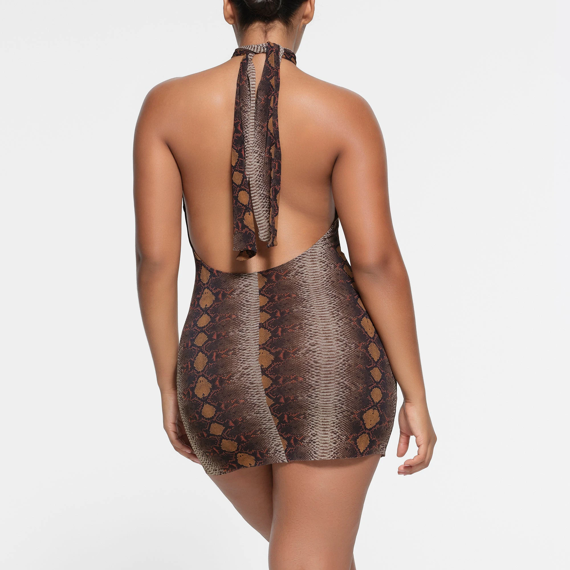 SUMMER MESH COVER UP HALTER MINI DRESS | DESERT SNAKE PRINT ON A MODEL BACK VIEW