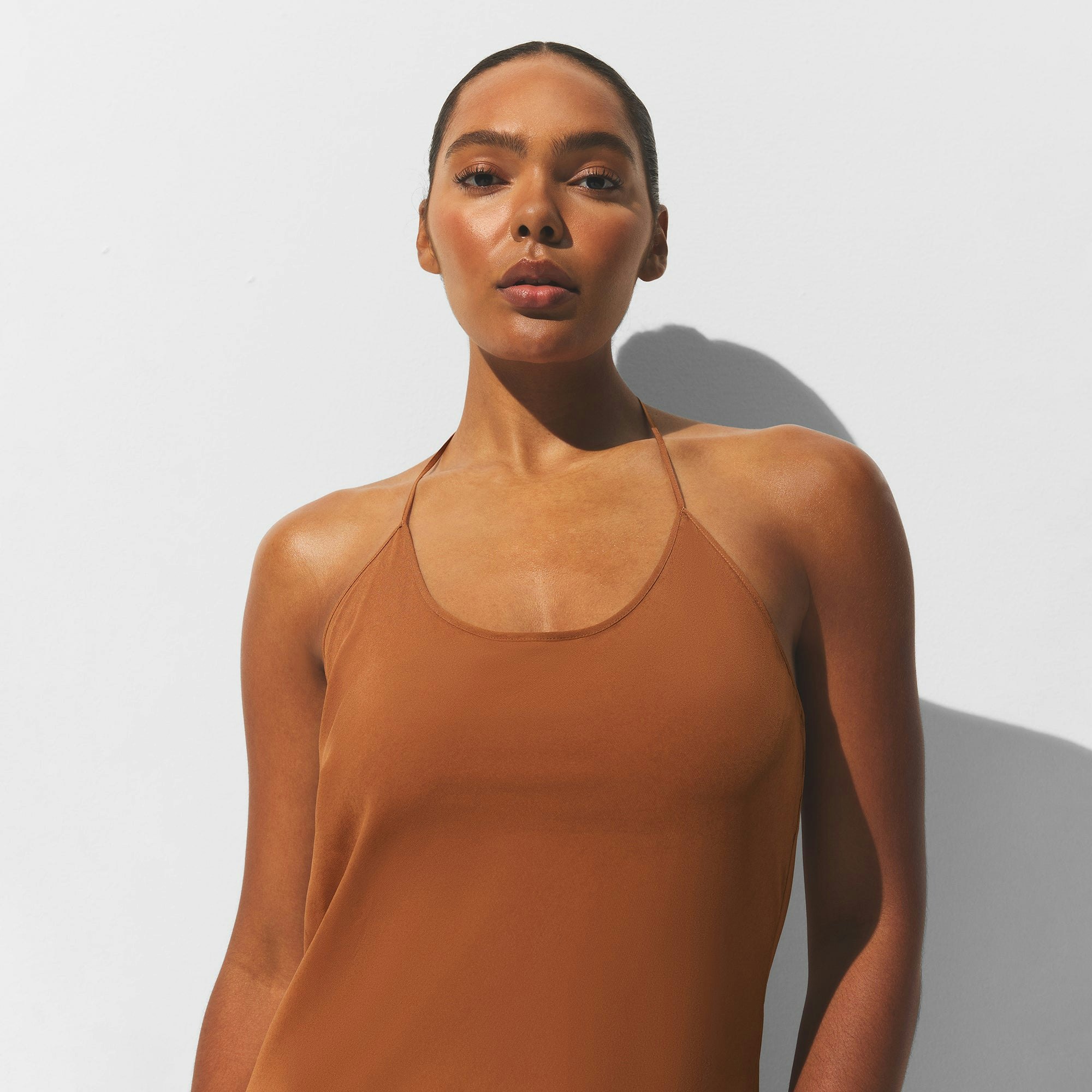 MINIMAL SWIM COVER UP LONG SLIP DRESS | CHESTNUT ON A MODEL FRONT VIEW | FOCUS: 0.0, 1.0, 0.9