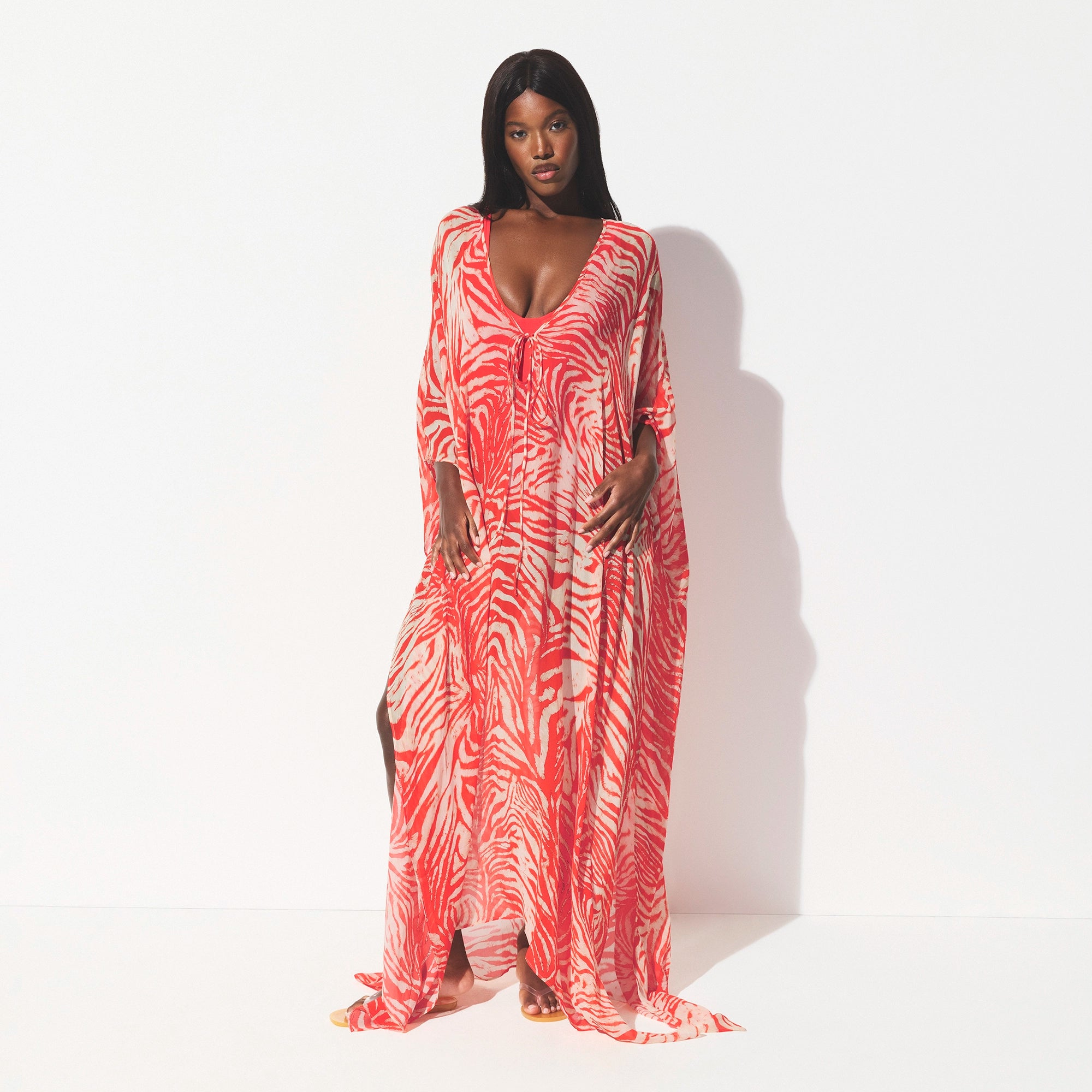 SHEER COVER-UPS LONG KAFTAN | CARMINE ZEBRA PRINT ON A MODEL FRONT VIEW @ | FOCUS: 0.0, 1.0, 0.9