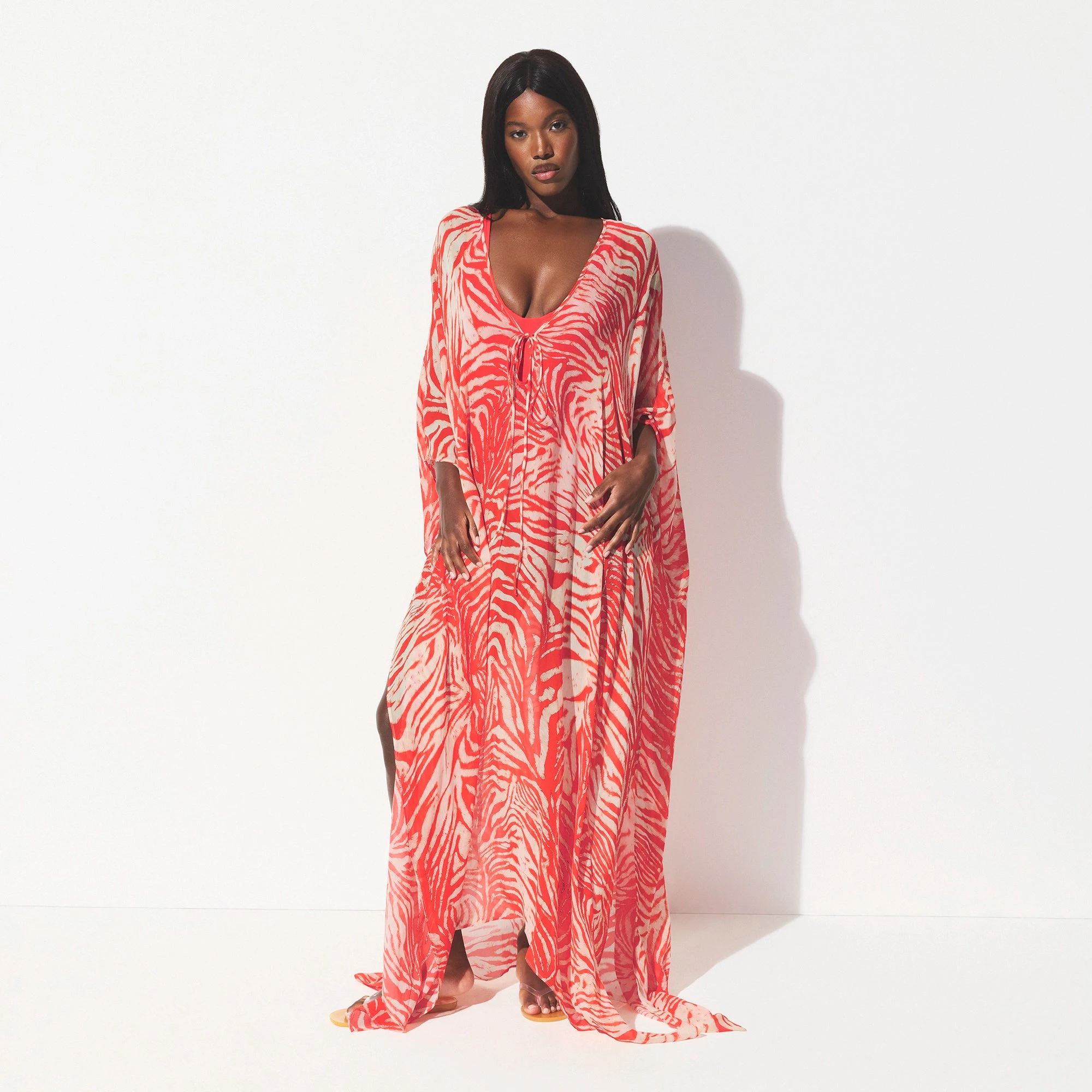 SHEER COVER-UPS LONG KAFTAN | CARMINE ZEBRA PRINT ON A MODEL FRONT VIEW @ | FOCUS: 0.0, 1.0, 0.9