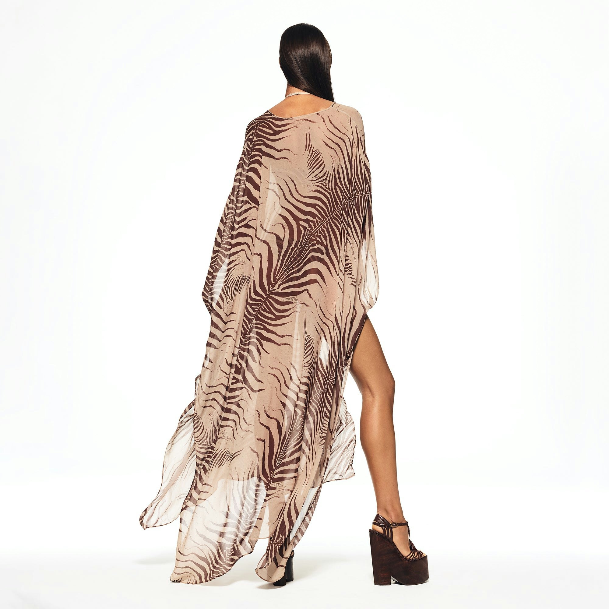 ROBERTO CAVALLI X SKIMS LONG KAFTAN | ZEBRA PRINT ON A MODEL BACK VIEW | FOCUS: 0.0, 1.0, 0.9