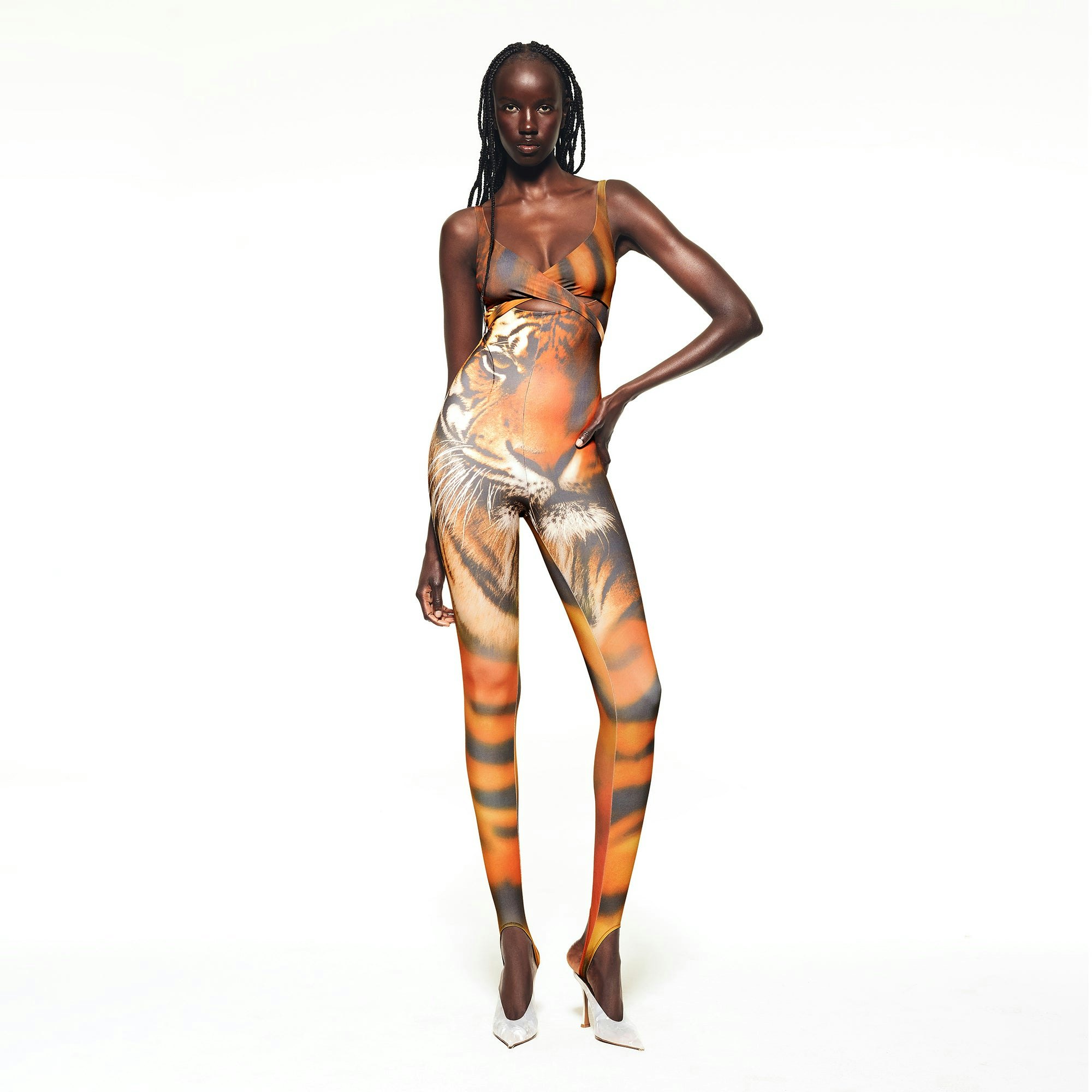 ROBERTO CAVALLI X SKIMS WRAP CATSUIT | TIGER FACE PRINT ON A MODEL FRONT VIEW | FOCUS: 0.0, 1.0, 0.9