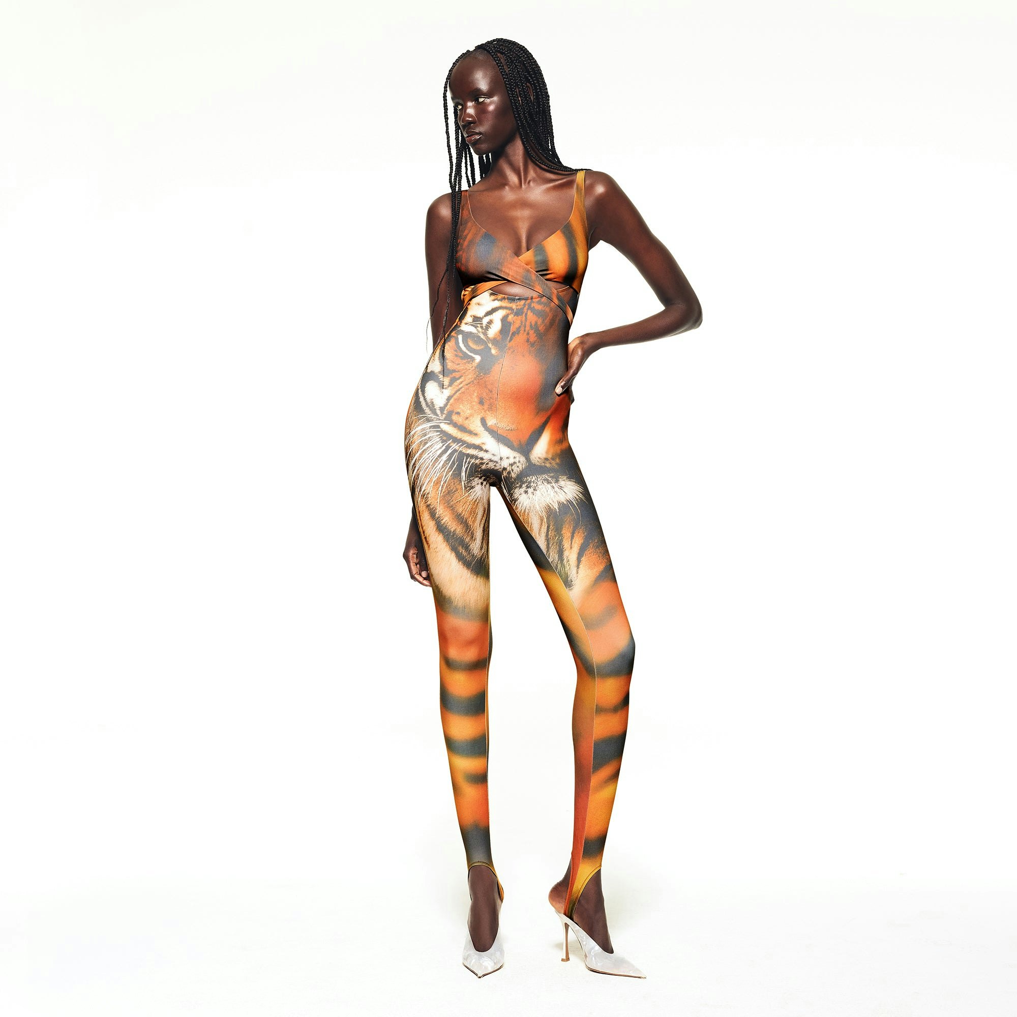 ROBERTO CAVALLI X SKIMS WRAP CATSUIT | TIGER FACE PRINT ON A MODEL FRONT VIEW | FOCUS: 0.0, 1.0, 0.9