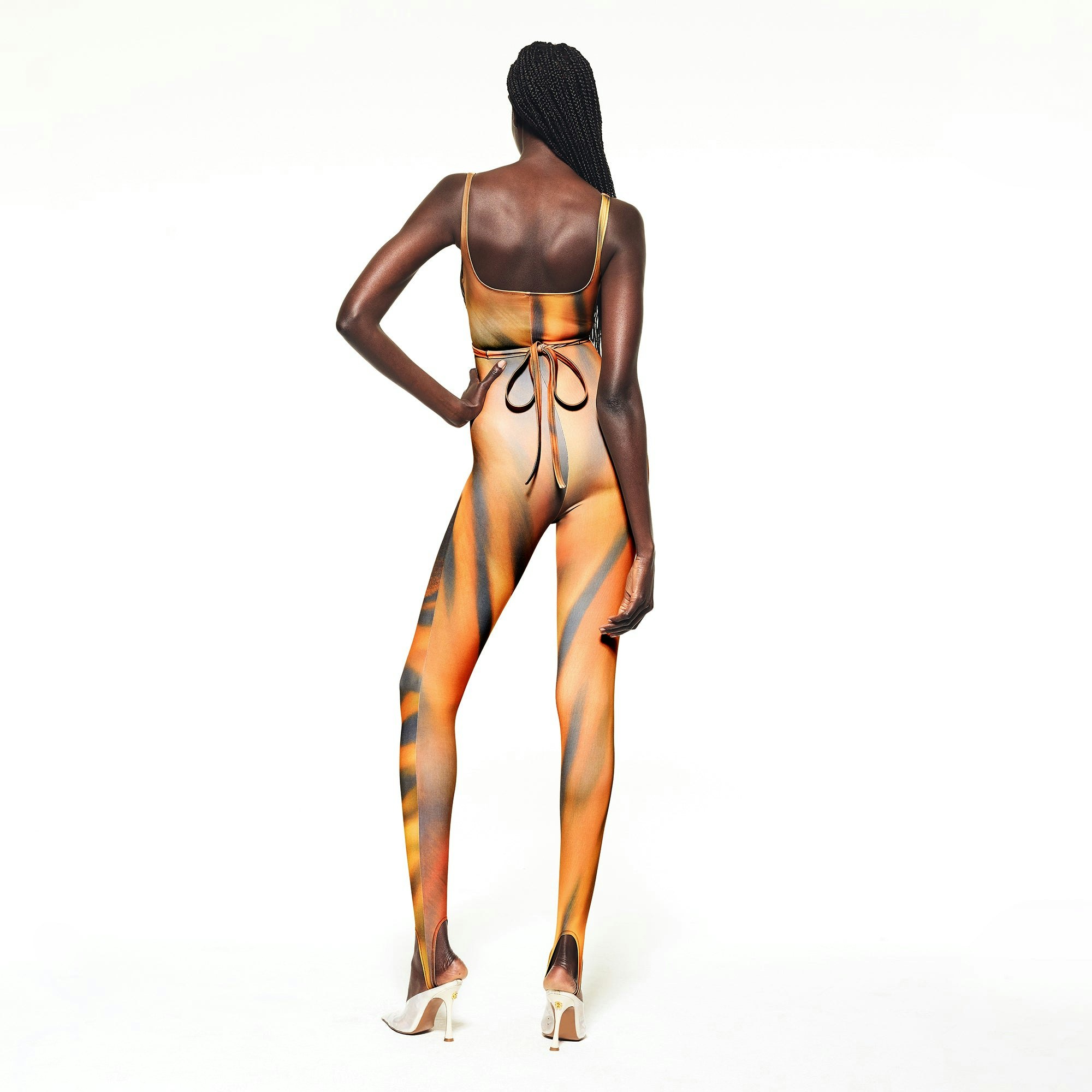 ROBERTO CAVALLI X SKIMS WRAP CATSUIT | TIGER FACE PRINT ON A MODEL BACK VIEW | FOCUS: 0.0, 1.0, 0.9