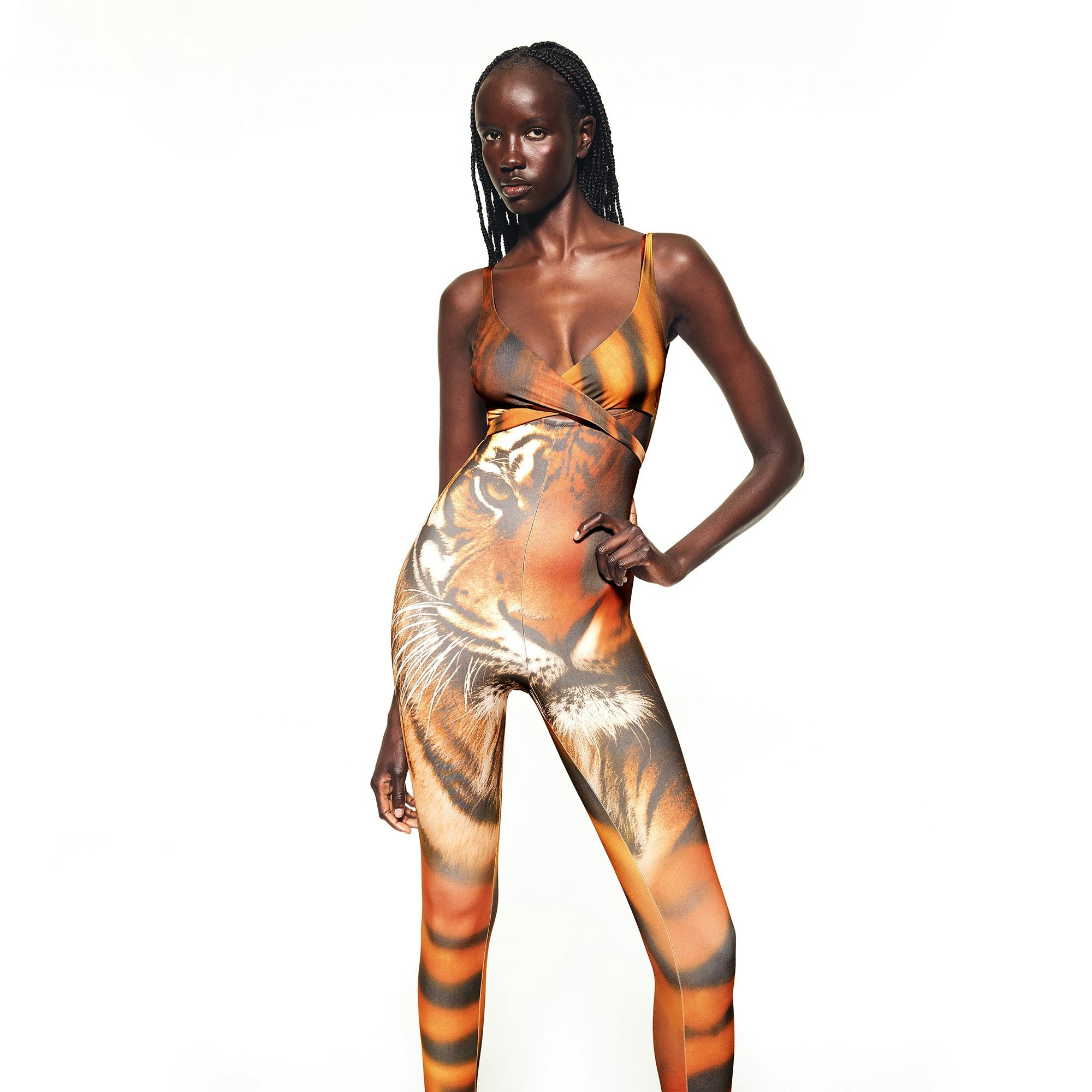 ROBERTO CAVALLI X SKIMS WRAP CATSUIT | TIGER FACE PRINT ON A MODEL FRONT VIEW | FOCUS: 0.0, 1.0, 0.9