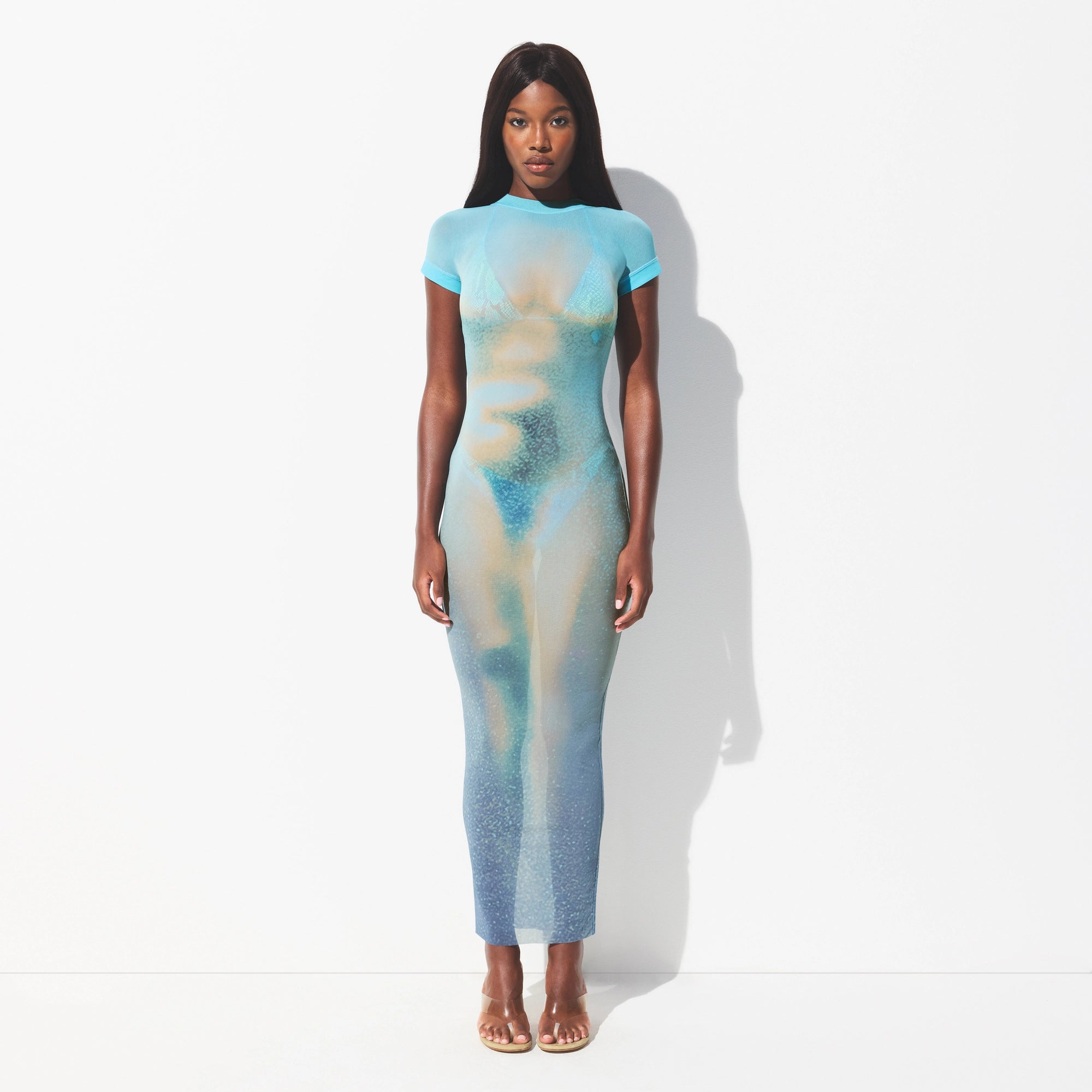 MESH COVER-UPS LONG DRESS | CYAN FK BODY PRINT ON A MODEL FRONT VIEW @ | FOCUS: 0.0, 1.0, 0.9