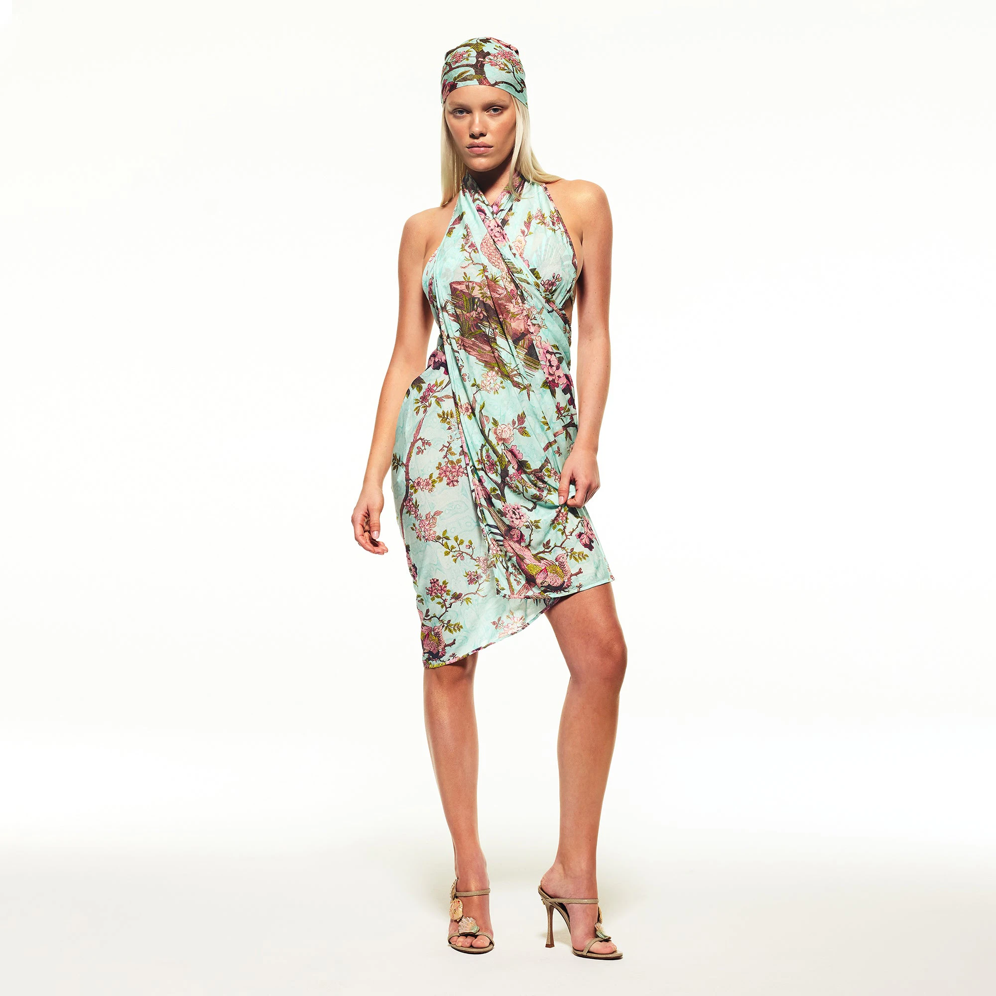 ROBERTO CAVALLI X SKIMS SARONG | FAGIANELLA PRINT ON A MODEL FRONT VIEW | FOCUS: 0.0, 1.0, 0.9