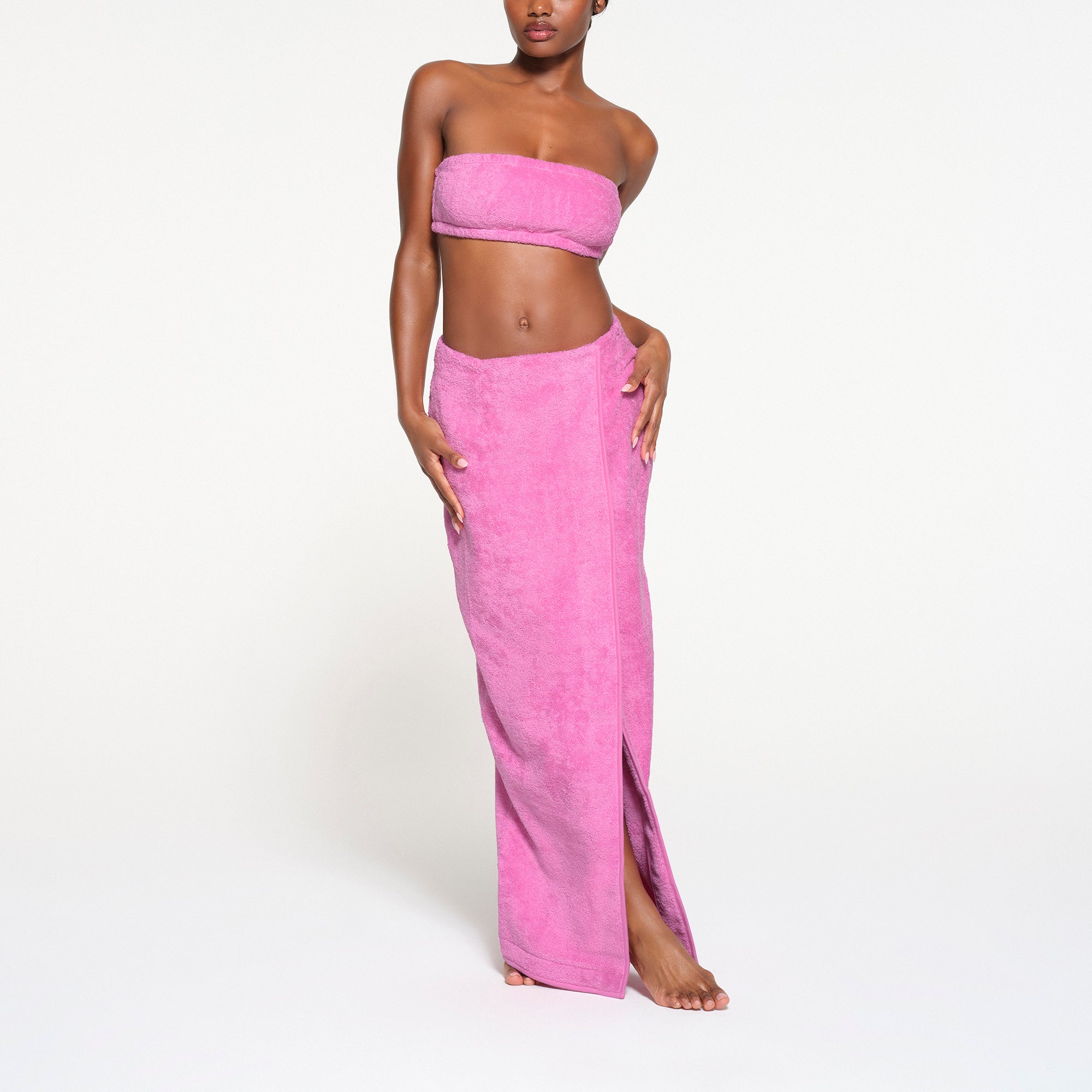 TERRY COVER UPS LONG WRAP SKIRT | NEON ORCHID ON A MODEL FRONT VIEW