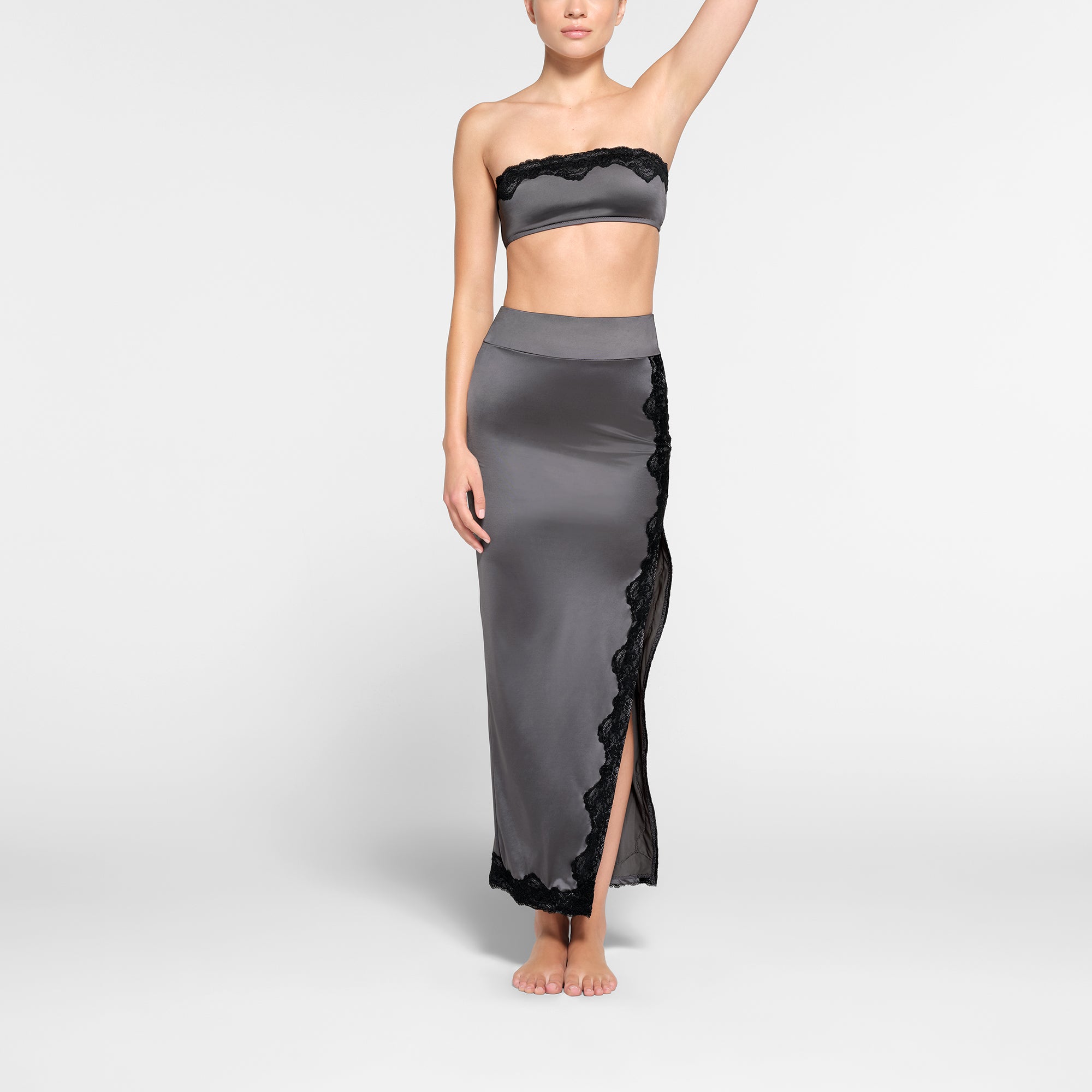 LACE SWIM LONG SKIRT GUNMETAL