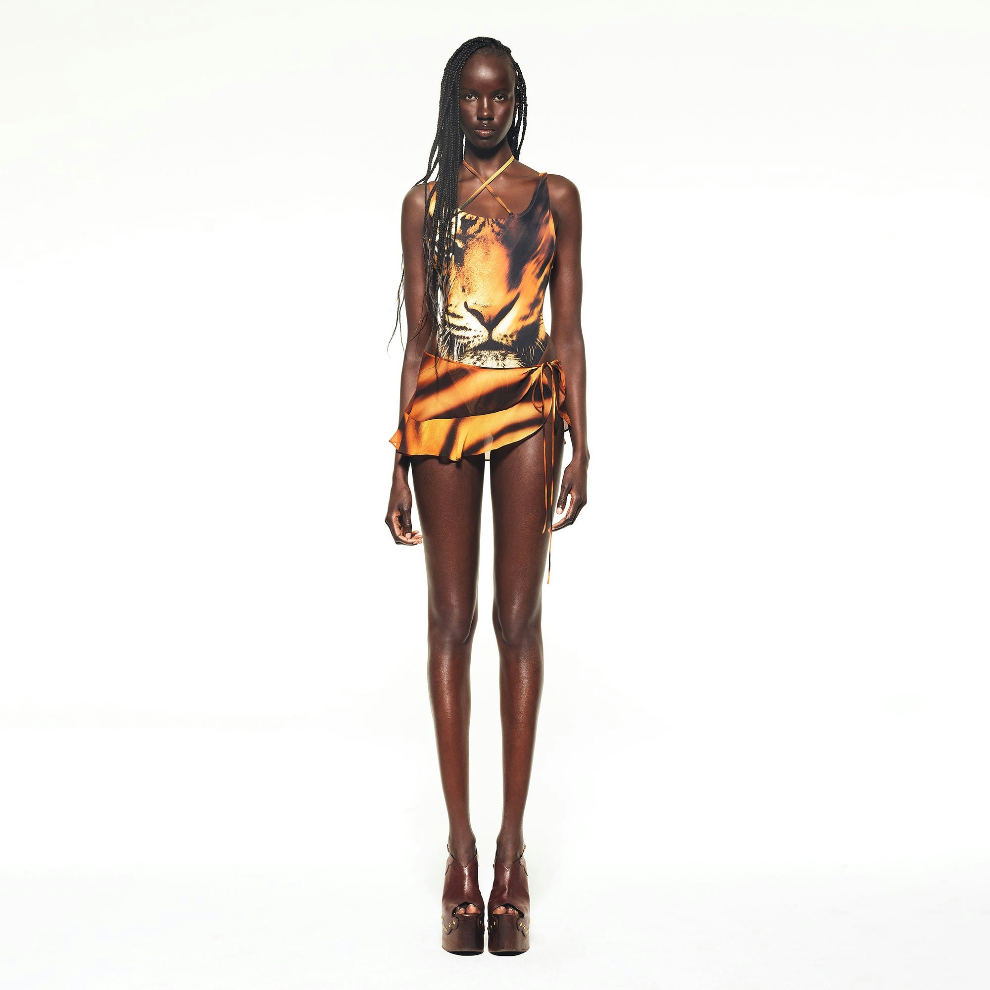ROBERTO CAVALLI X SKIMS TIE SIDE MINI SKIRT | TIGER FACE PRINT ON A MODEL FRONT VIEW | FOCUS: 0.0, 1.0, 0.9