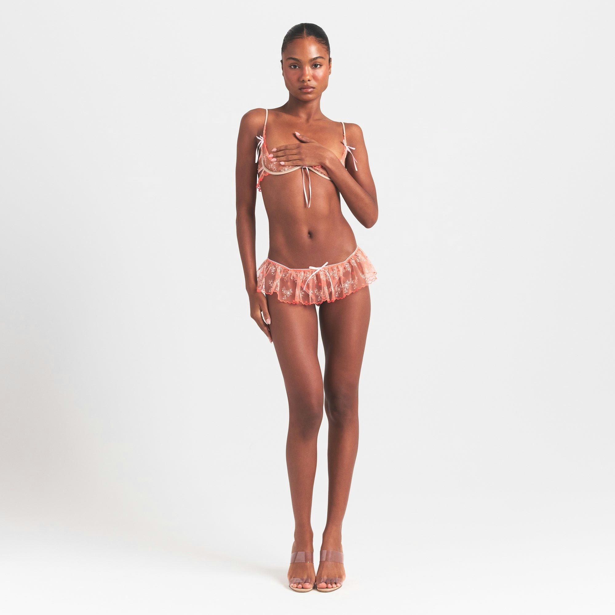 EMBROIDERED TULLE SKIMPY BRA | GUAVA HEART TULLE ON A MODEL FRONT VIEW @ | FOCUS: 0.0, 1.0, 0.9