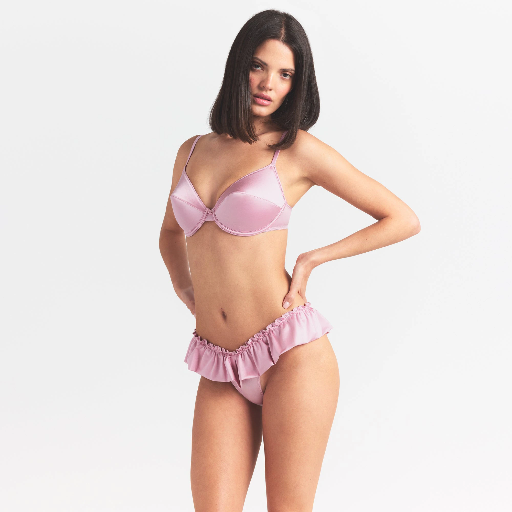 STRETCH SATIN VINTAGE DEMI BRA | HALITE ON A MODEL SIDE VIEW @ | FOCUS: 0.0, 1.0, 0.9