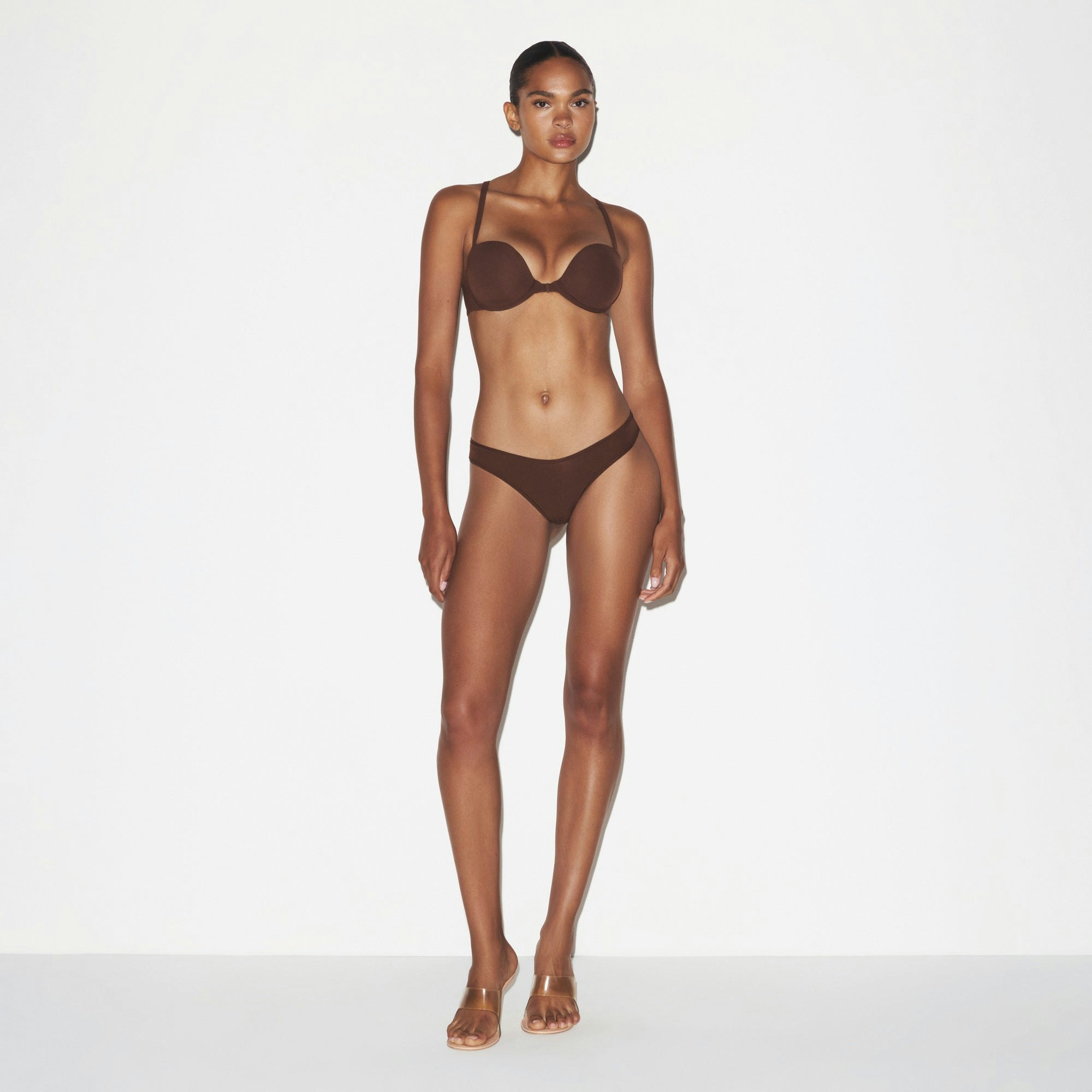 FITS EVERYBODY RACERBACK DEMI BRA | COCOA ON A MODEL FRONT VIEW @ | FOCUS: 0.0, 1.0, 0.9