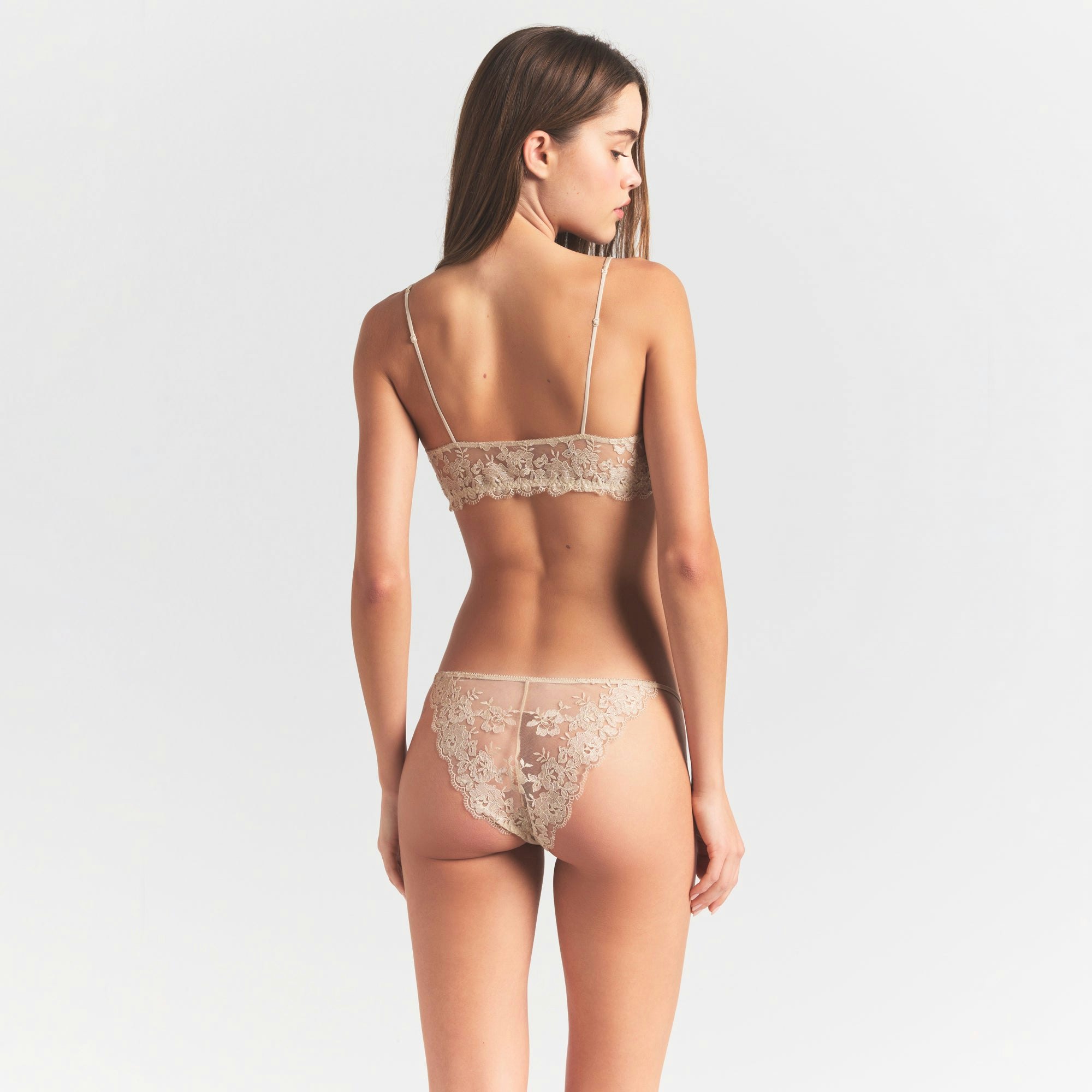 EMBROIDERED LINGERIE FRONT CLOSE UNLINED BRA | CHAMPAGNE ON A MODEL BACK VIEW @ | FOCUS: 0.0, 1.0, 0.9