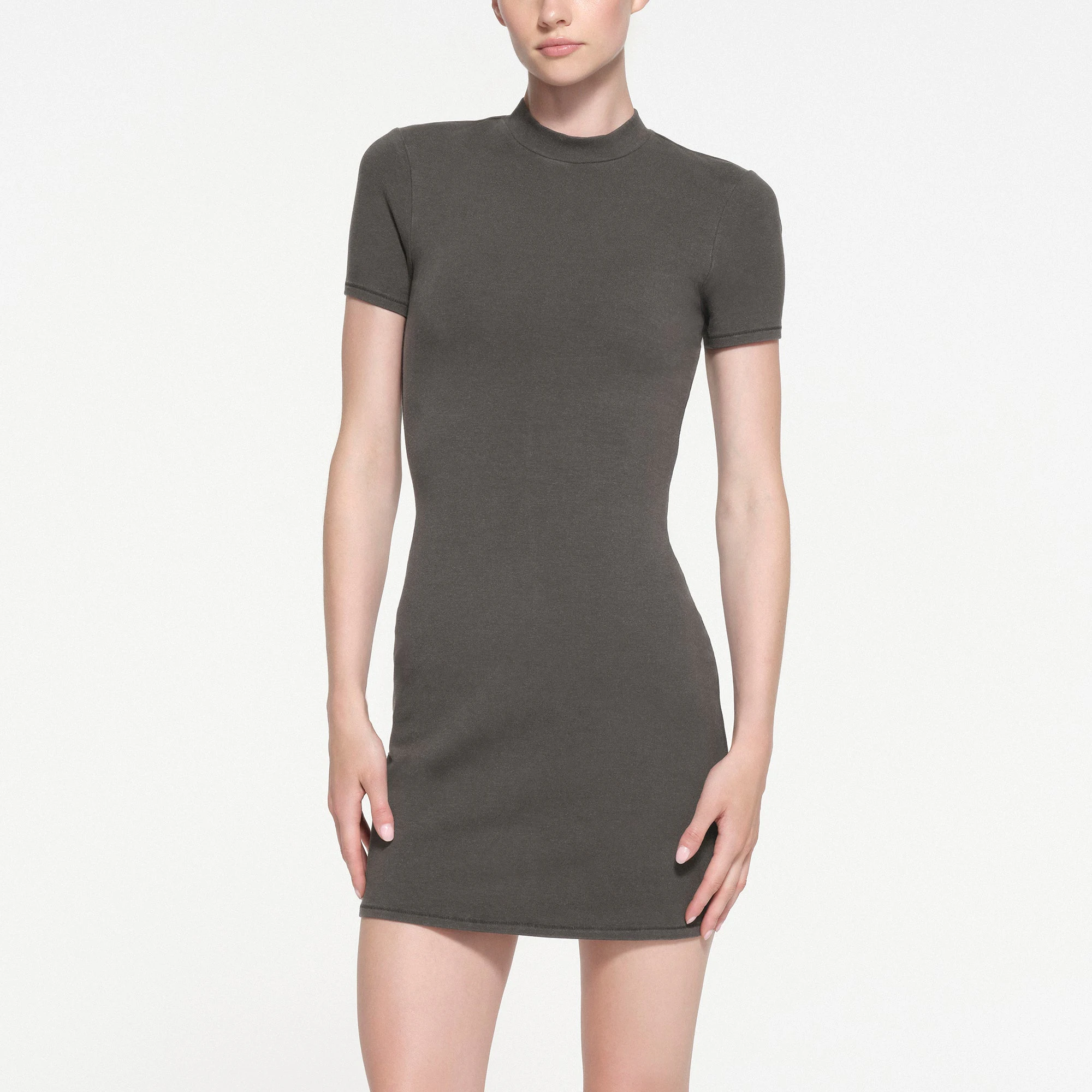 OUTDOOR MOCK NECK MINI DRESS | WASHED ONYX ON A MODEL FRONT VIEW