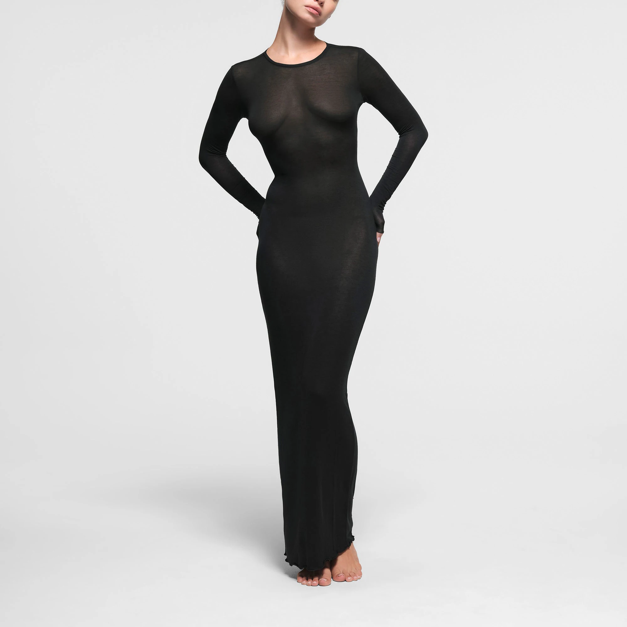 SHEER MODAL LONG SLEEVE LONG DRESS | ONYX ON A MODEL FRONT VIEW