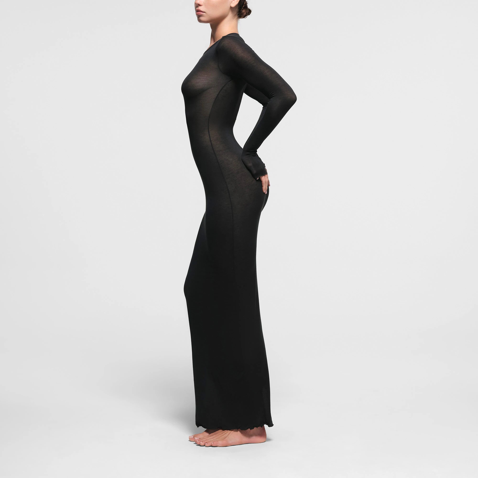 SHEER MODAL LONG SLEEVE LONG DRESS | ONYX ON A MODEL SIDE VIEW