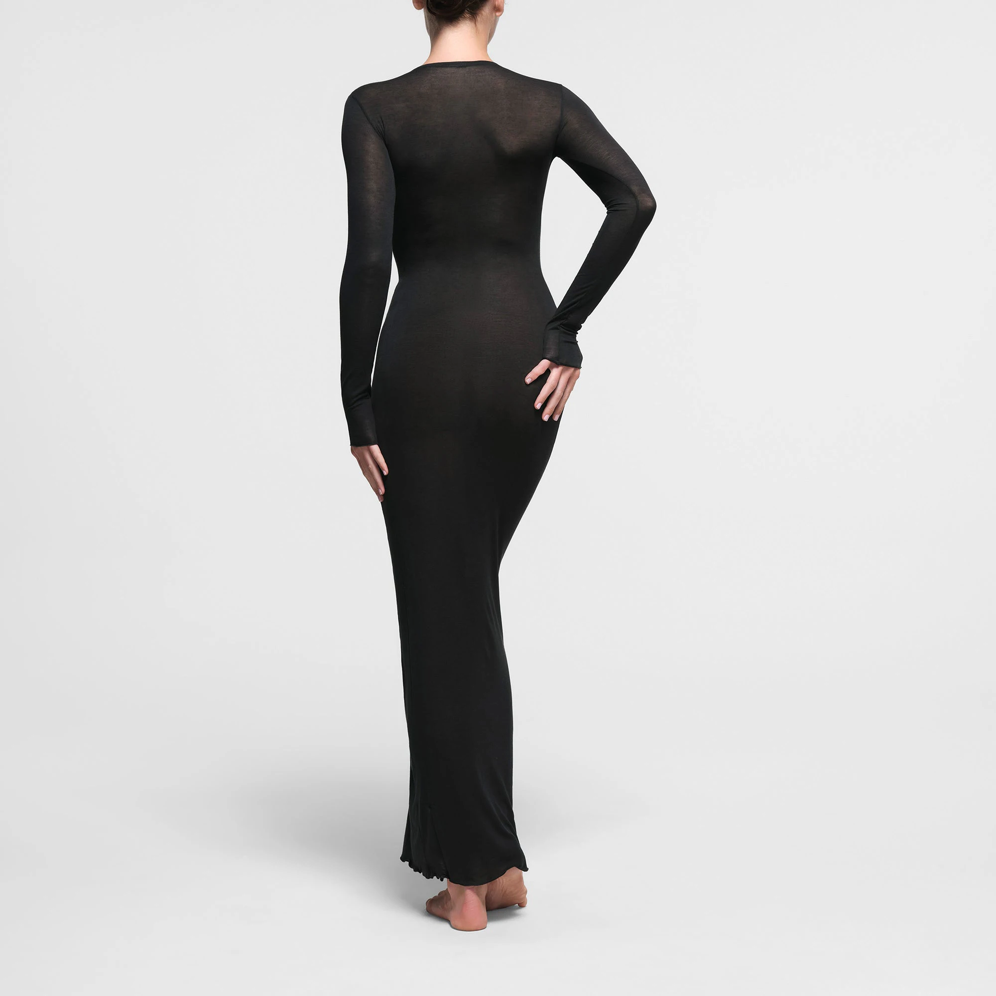 SHEER MODAL LONG SLEEVE LONG DRESS | ONYX ON A MODEL BACK VIEW