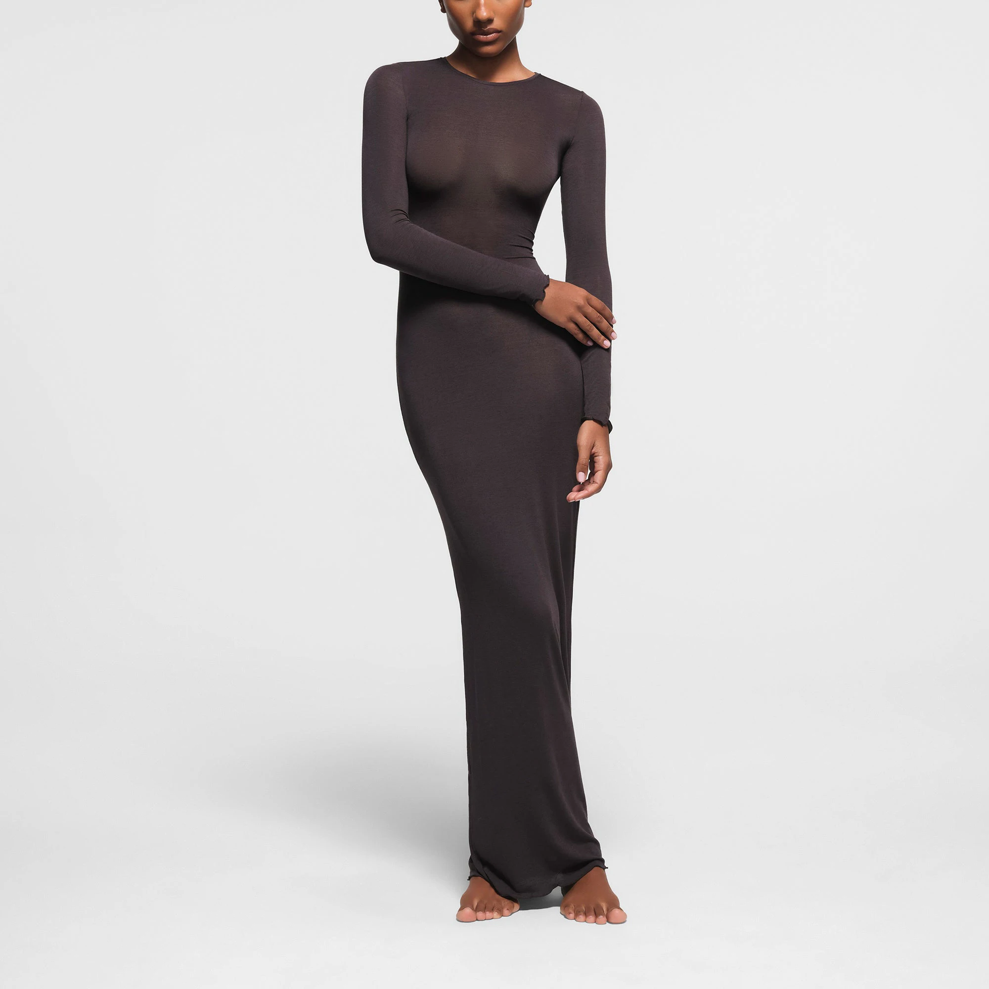 SHEER MODAL LONG SLEEVE LONG DRESS | PHOENIX ON A MODEL FRONT VIEW