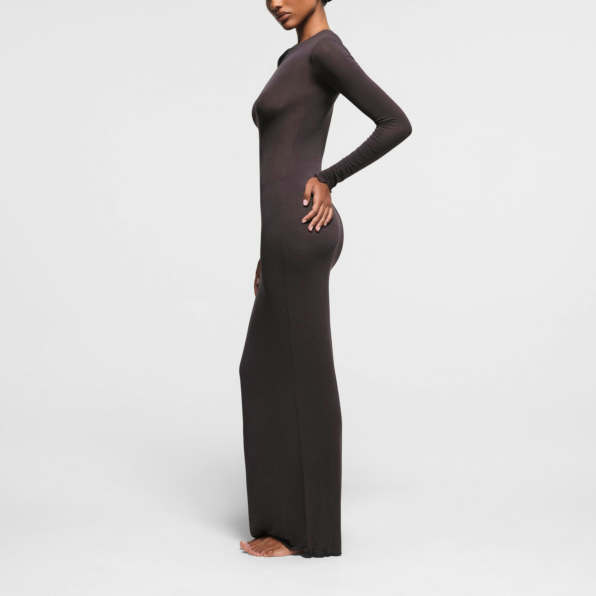 SHEER MODAL LONG SLEEVE LONG DRESS | PHOENIX ON A MODEL SIDE VIEW