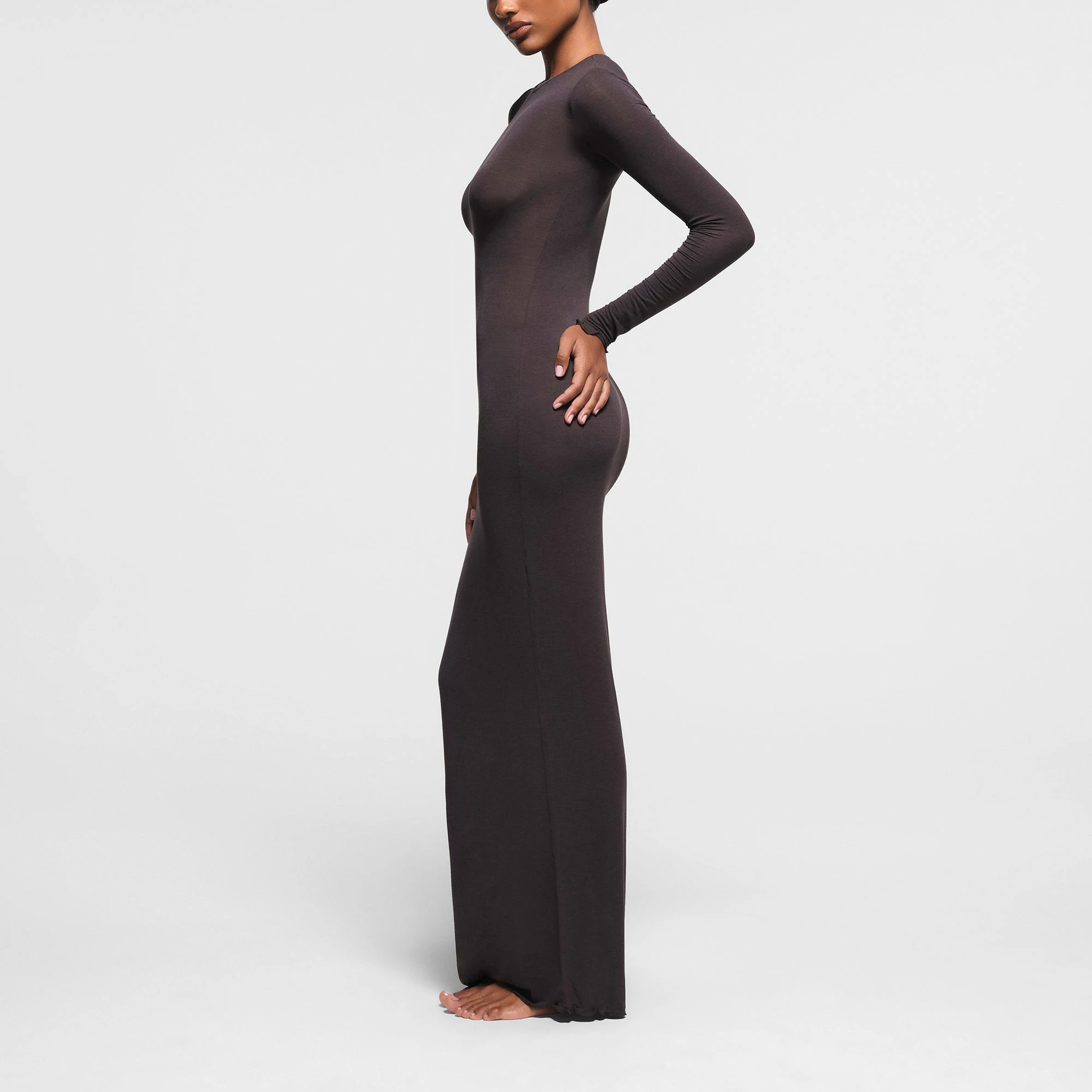 SHEER MODAL LONG SLEEVE LONG DRESS | PHOENIX ON A MODEL SIDE VIEW