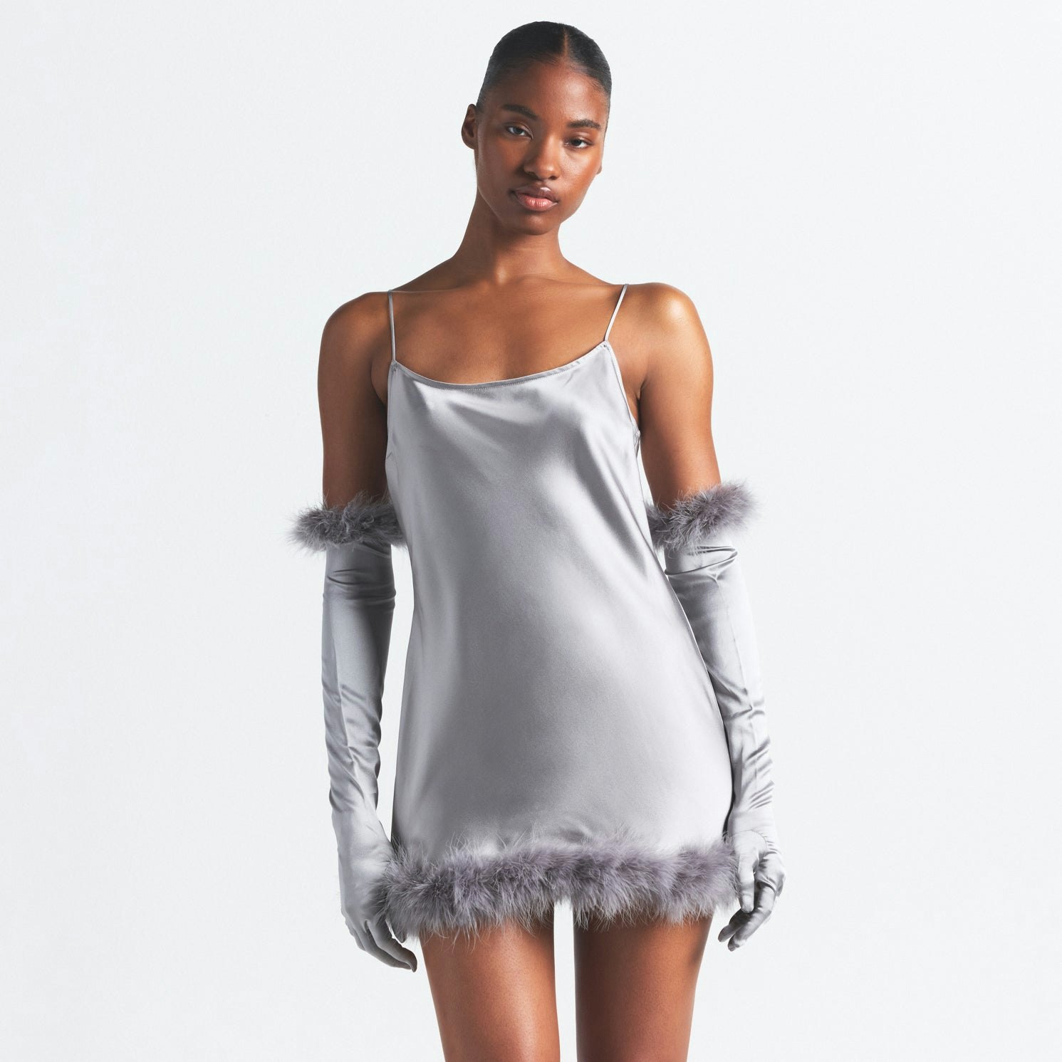 SILK FEATHER TRIM MINI DRESS | MIRROR ON A MODEL SIDE VIEW @ | FOCUS: 0.0, 1.0, 0.9