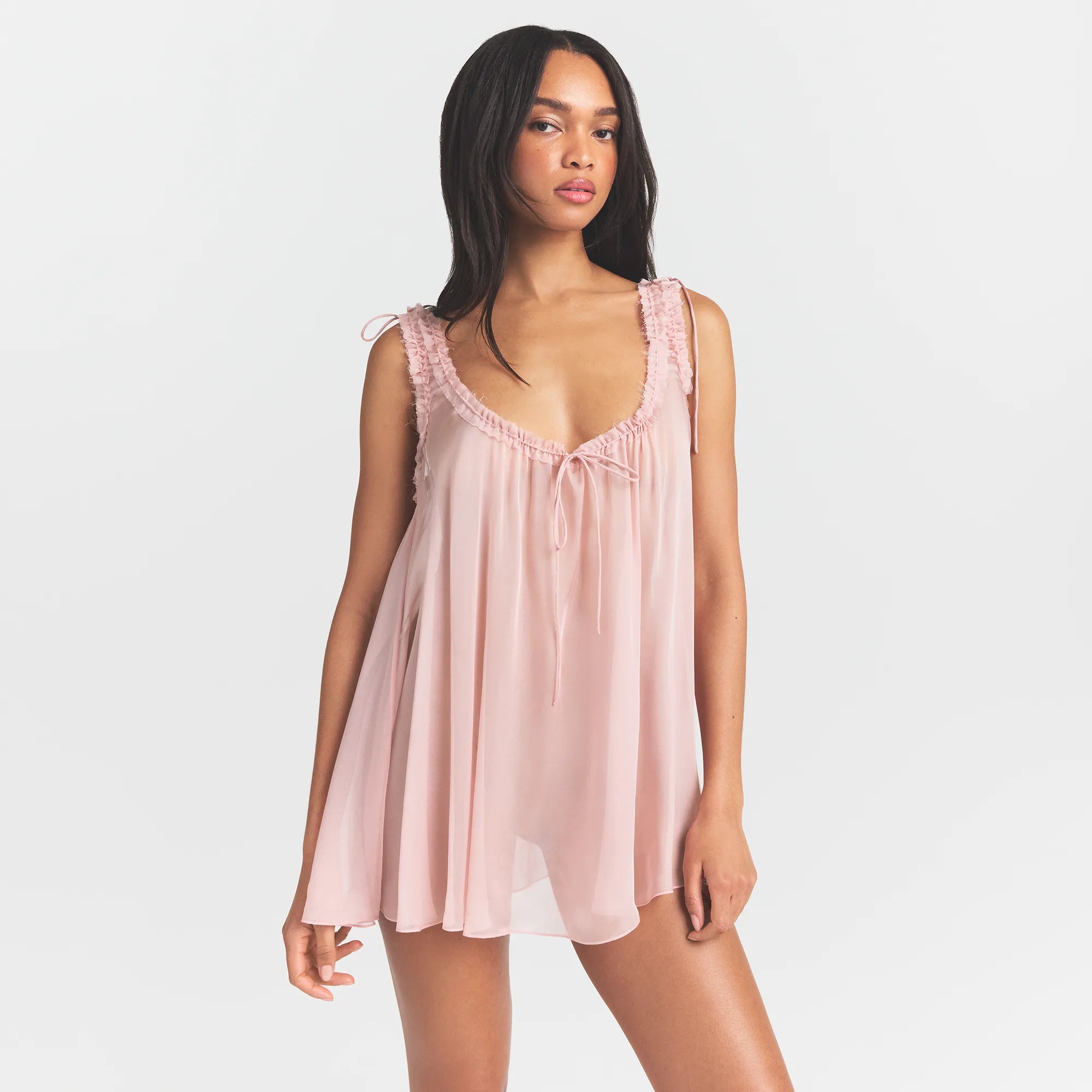 SKIMS ROMANCE MINI DRESS | MORGANITE ON A MODEL FRONT VIEW @ | FOCUS: 0.0, 1.0, 0.9
