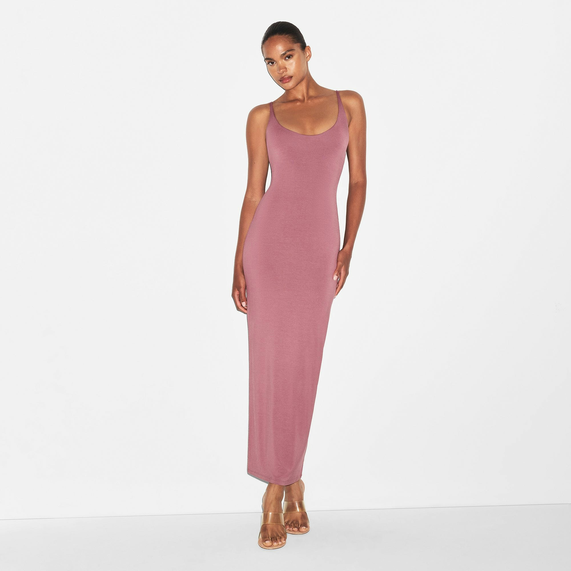 SMOOTH LAYERS SKIMPY SCOOP NECK LONG DRESS | REDWOOD ON A MODEL FRONT VIEW | FOCUS: 0.0, 1.0, 0.9