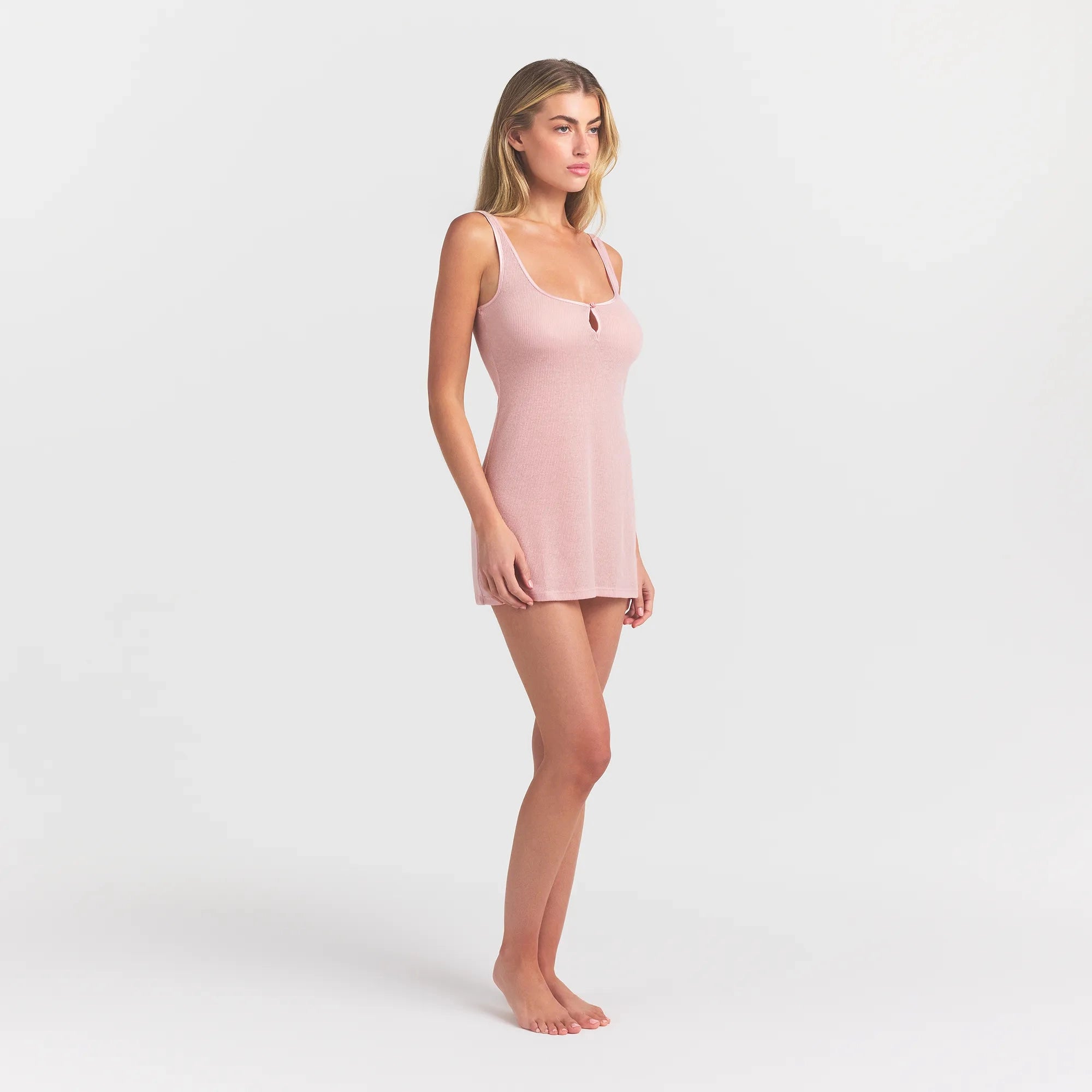 SHEER RIB MINI SLIP DRESS | MORGANITE ON A MODEL FRONT VIEW @ | FOCUS: 0.0, 1.0, 0.9