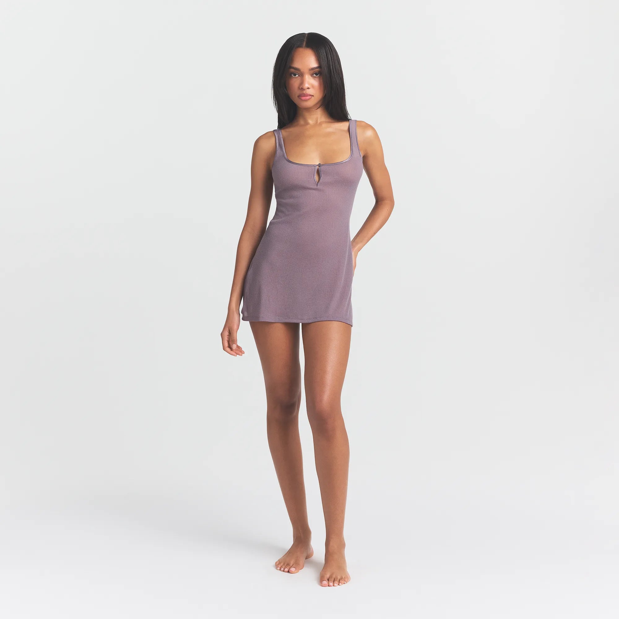 SHEER RIB MINI SLIP DRESS | ZINC ON A MODEL FRONT VIEW @ | FOCUS: 0.0, 1.0, 0.9