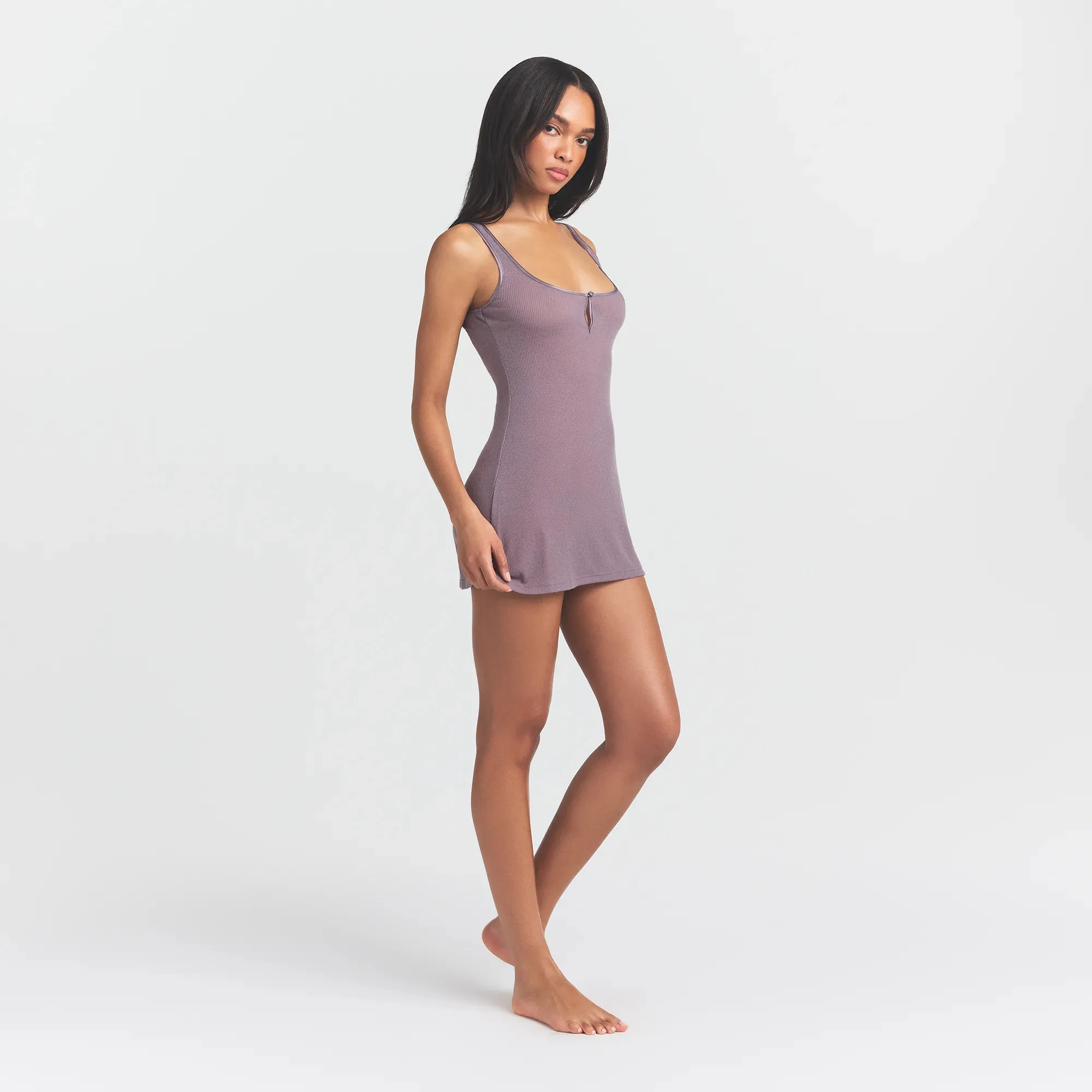 SHEER RIB MINI SLIP DRESS | ZINC ON A MODEL SIDE VIEW @ | FOCUS: 0.0, 1.0, 0.9