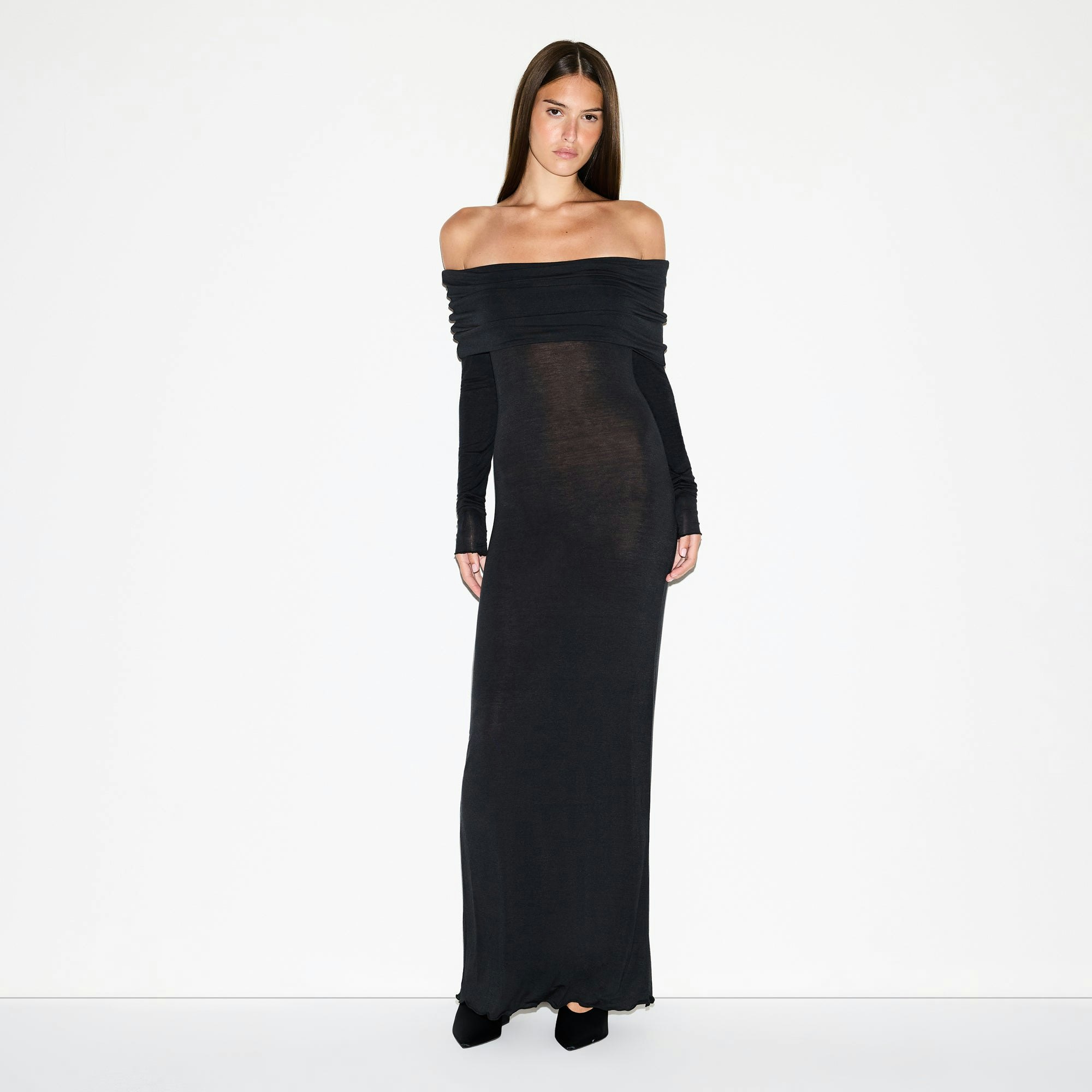 SHEER MODAL OFF SHOULDER LONG DRESS | ONYX ON A MODEL FRONT VIEW @ | FOCUS: 0.0, 1.0, 0.9