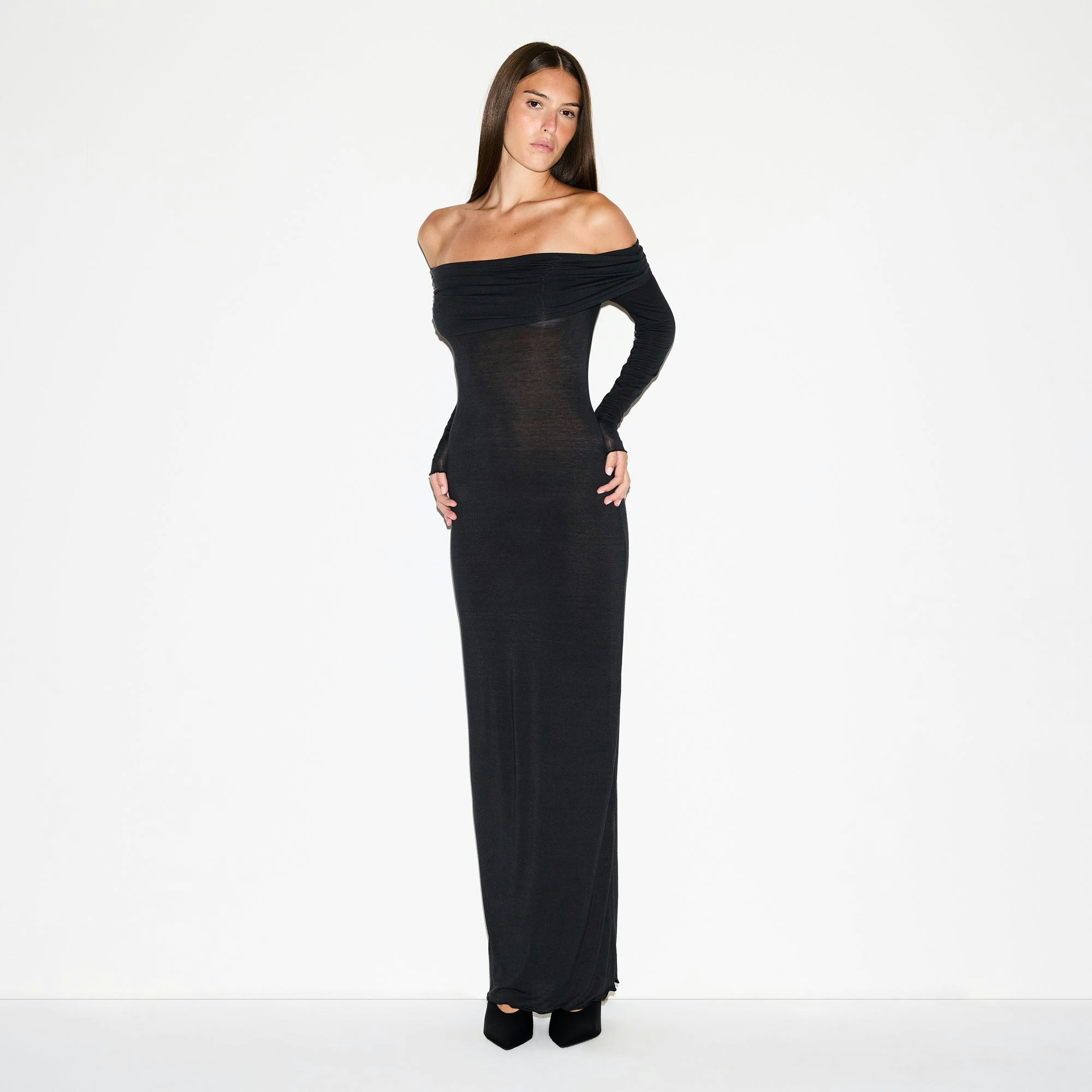 SHEER MODAL OFF SHOULDER LONG DRESS | ONYX ON A MODEL FRONT VIEW @ | FOCUS: 0.0, 1.0, 0.9