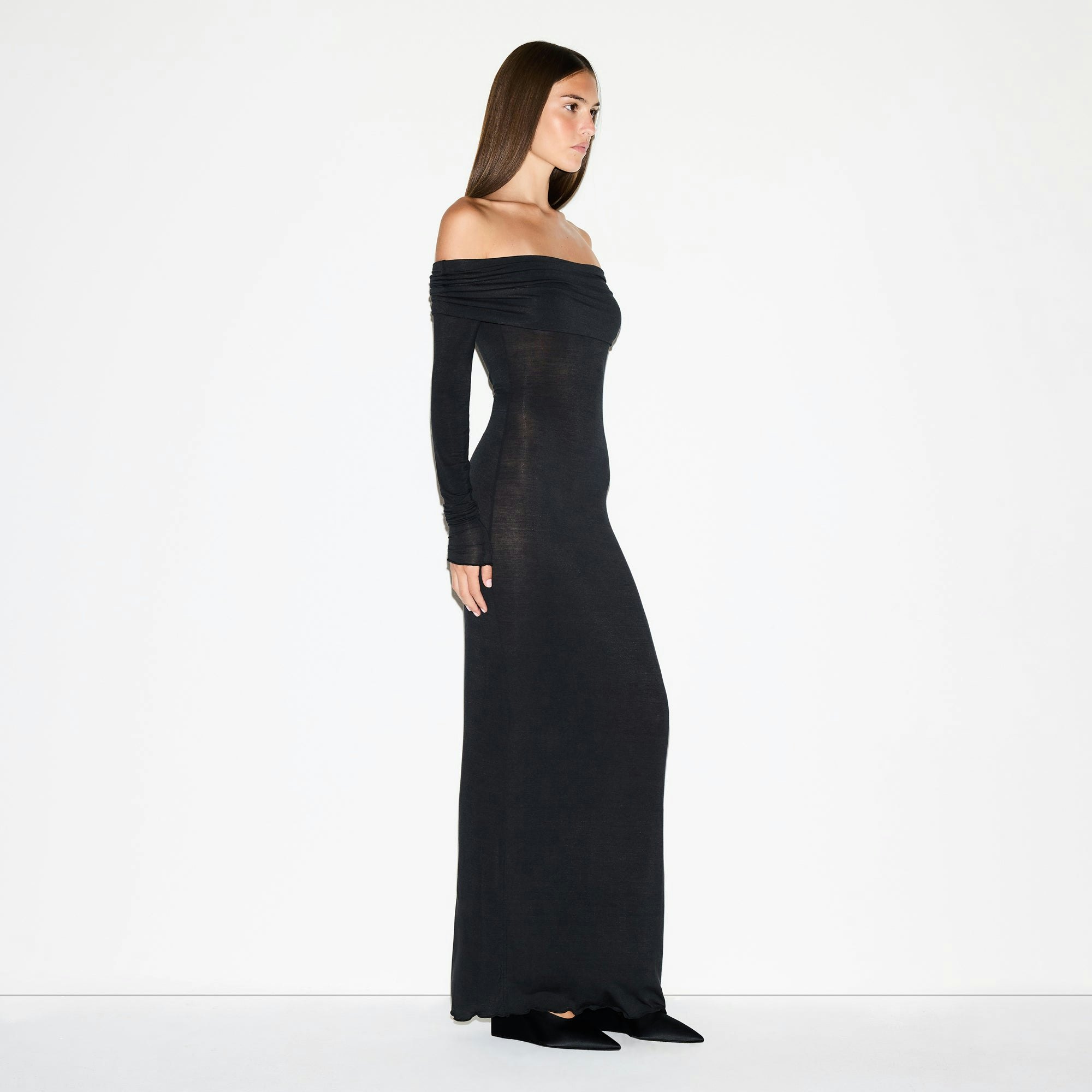 SHEER MODAL OFF SHOULDER LONG DRESS | ONYX ON A MODEL FRONT VIEW @ | FOCUS: 0.0, 1.0, 0.9