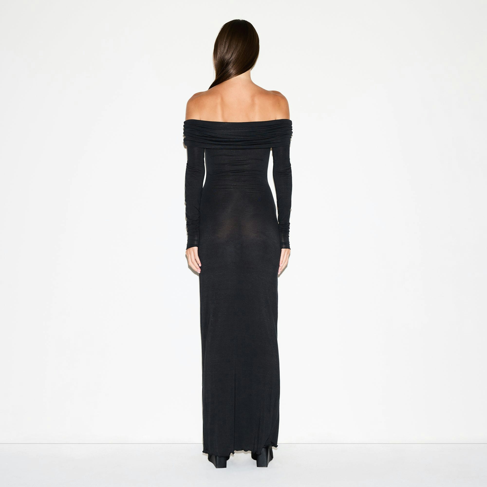 SHEER MODAL OFF SHOULDER LONG DRESS | ONYX ON A MODEL FRONT VIEW @ | FOCUS: 0.0, 1.0, 0.9