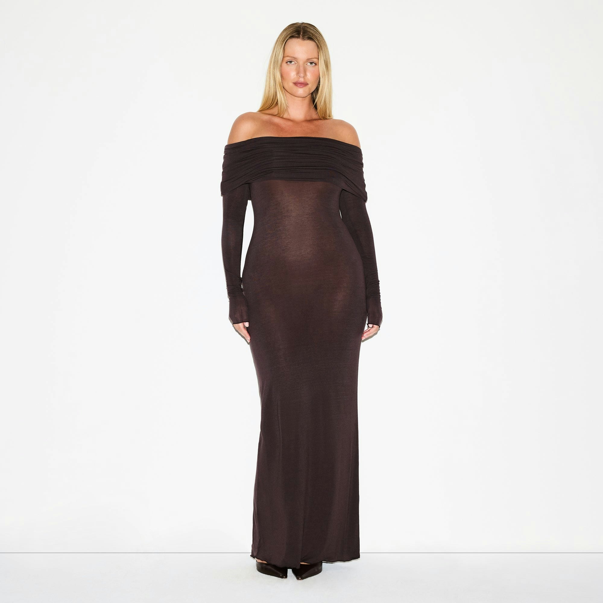 SHEER MODAL OFF THE SHOULDER LONG DRESS | PHOENIX ON A MODEL FRONT VIEW @ | FOCUS: 0.0, 1.0, 0.9
