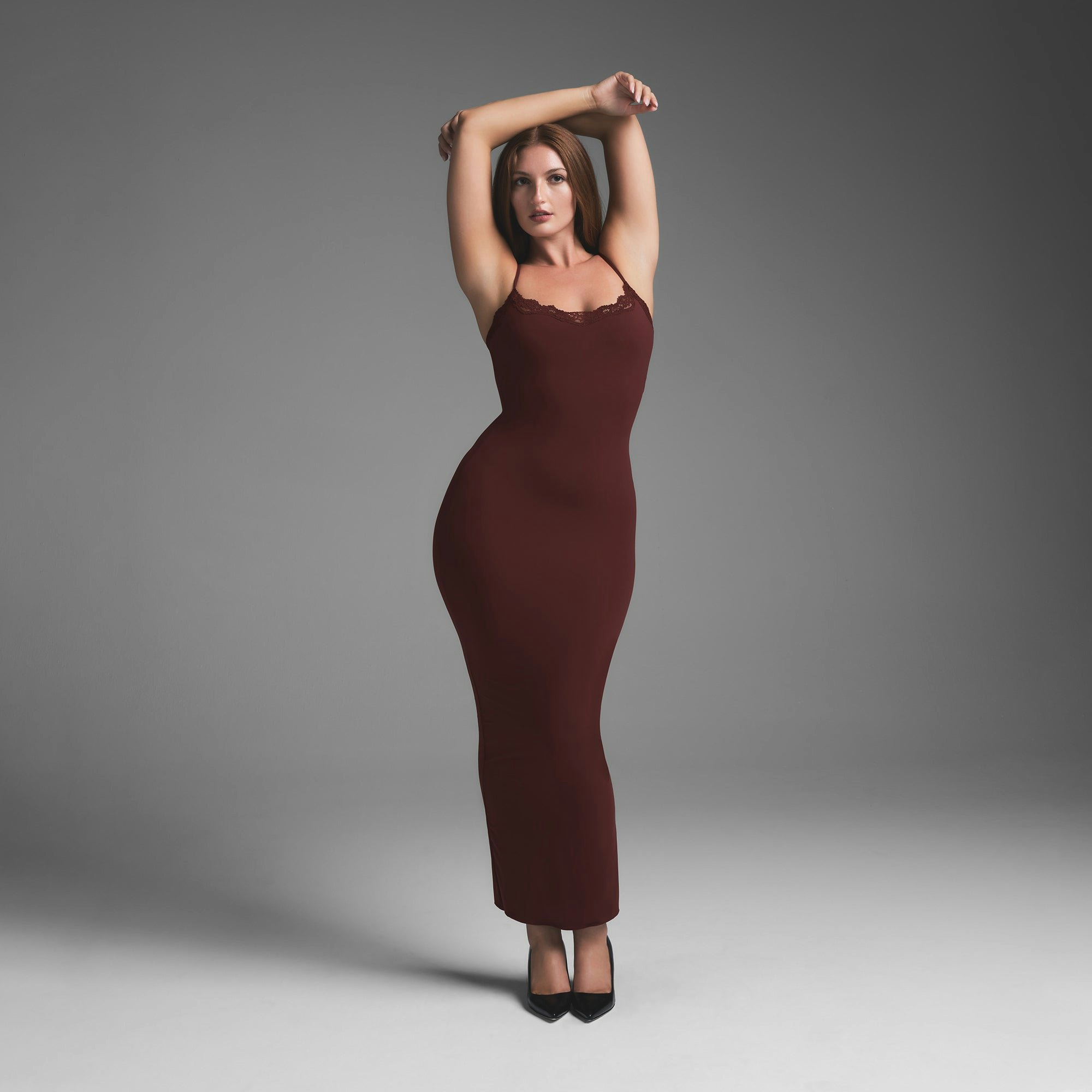 FITS EVERYBODY LACE LONG SLIP DRESS | OXBLOOD ON A MODEL FRONT VIEW | FOCUS: 0.0, 1.0, 0.9