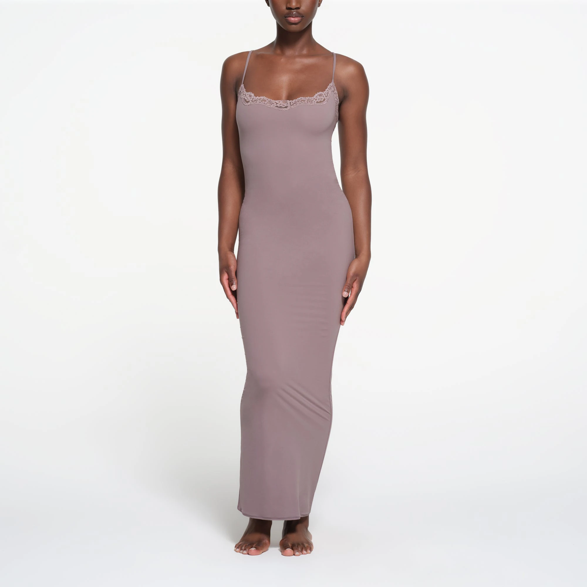 FITS EVERYBODY LACE LONG SLIP DRESS | ZINC ON A MODEL FRONT VIEW