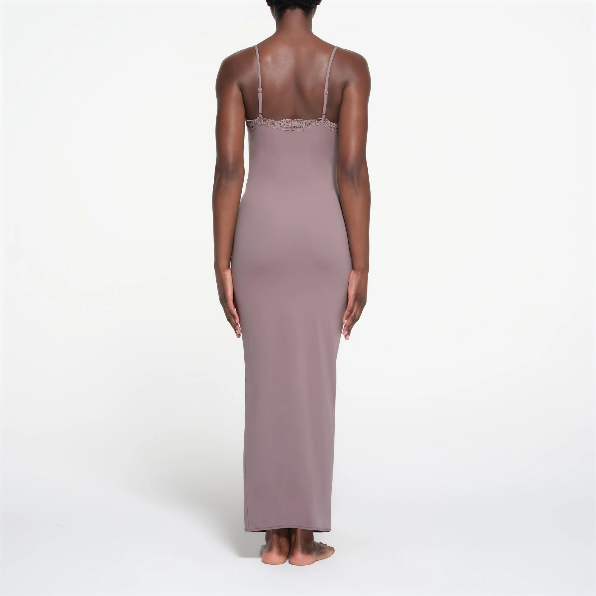 FITS EVERYBODY LACE LONG SLIP DRESS | ZINC ON A MODEL BACK VIEW