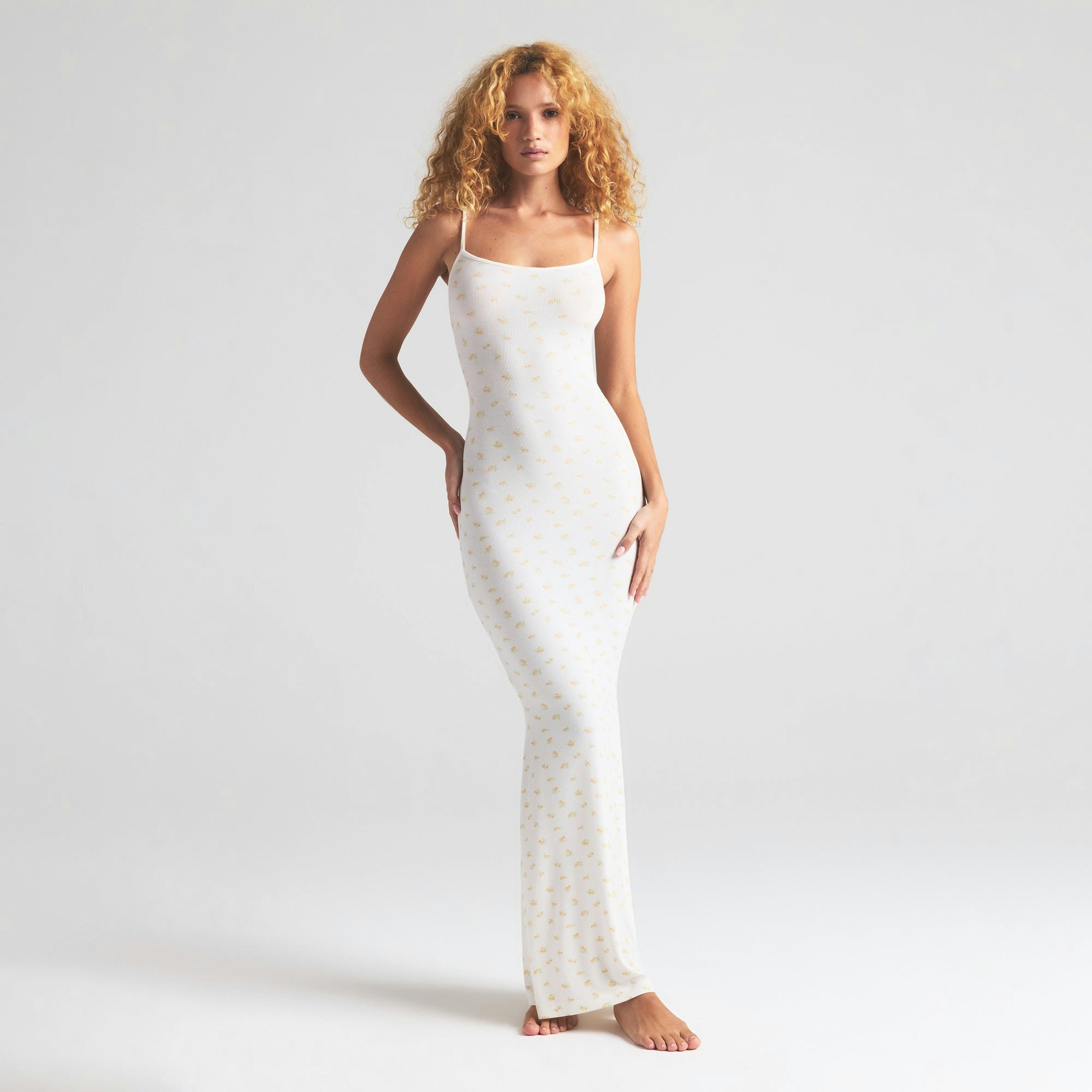 SOFT LOUNGE LONG SLIP DRESS | MARBLE GARDEN PRINT ON A MODEL FRONT VIEW | FOCUS: 0.0, 1.0, 0.9