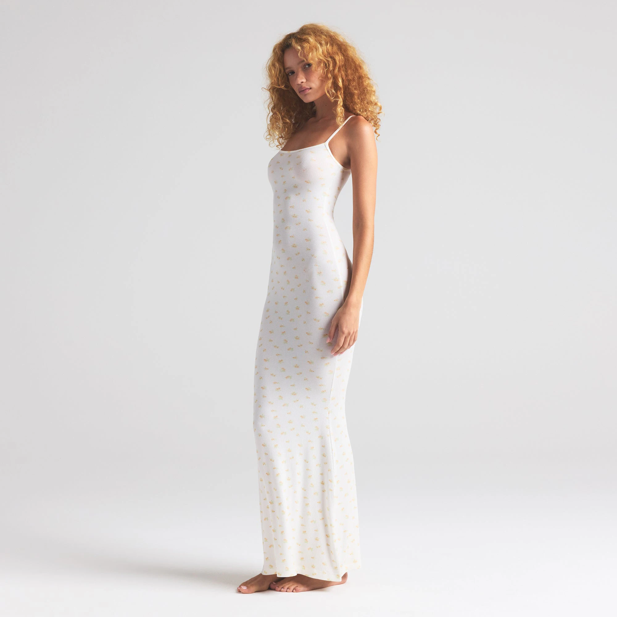 SOFT LOUNGE LONG SLIP DRESS | MARBLE GARDEN PRINT ON A MODEL FRONT VIEW | FOCUS: 0.0, 1.0, 0.9