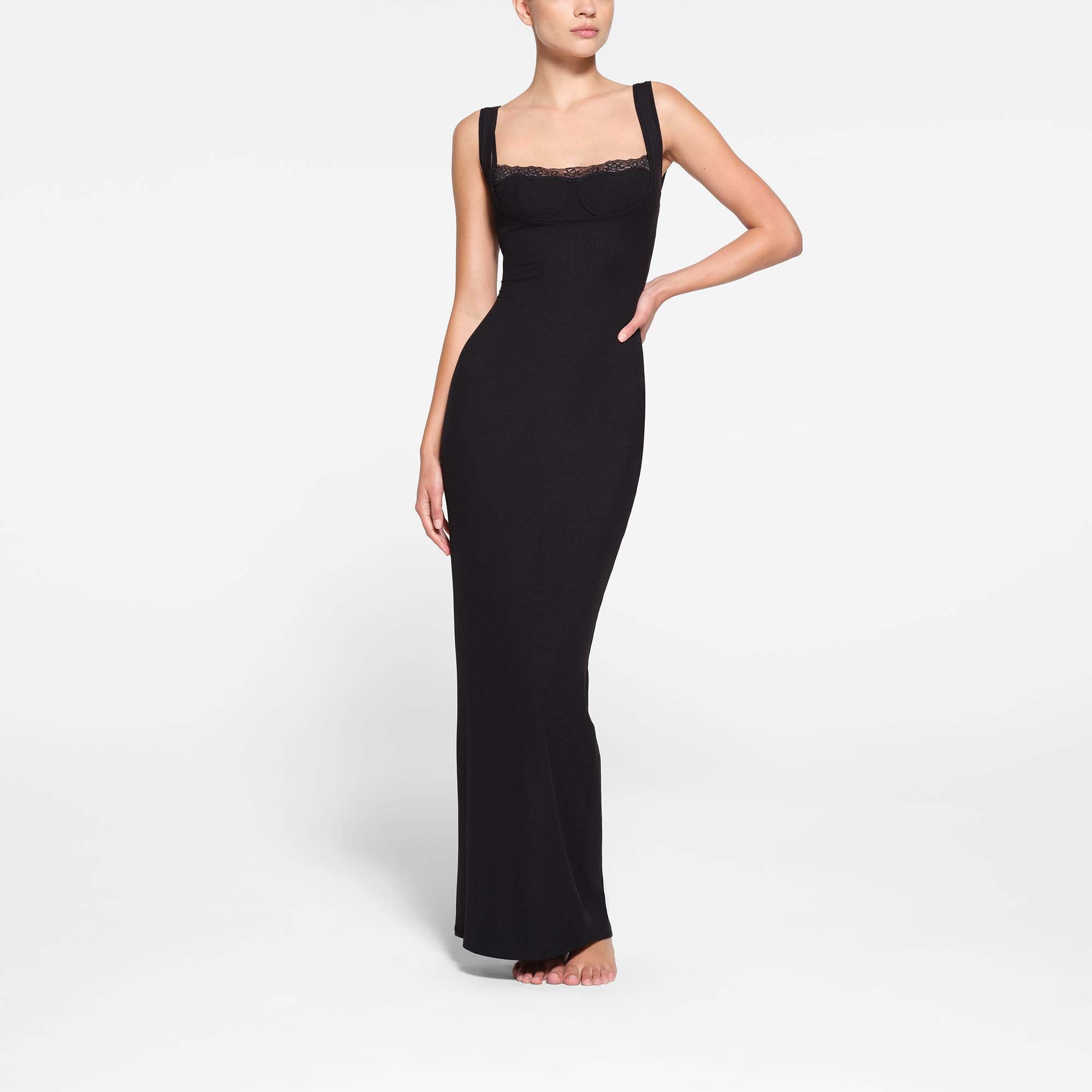 SOFT LOUNGE LACE LONG DRESS WITH BRALETTE ONYX