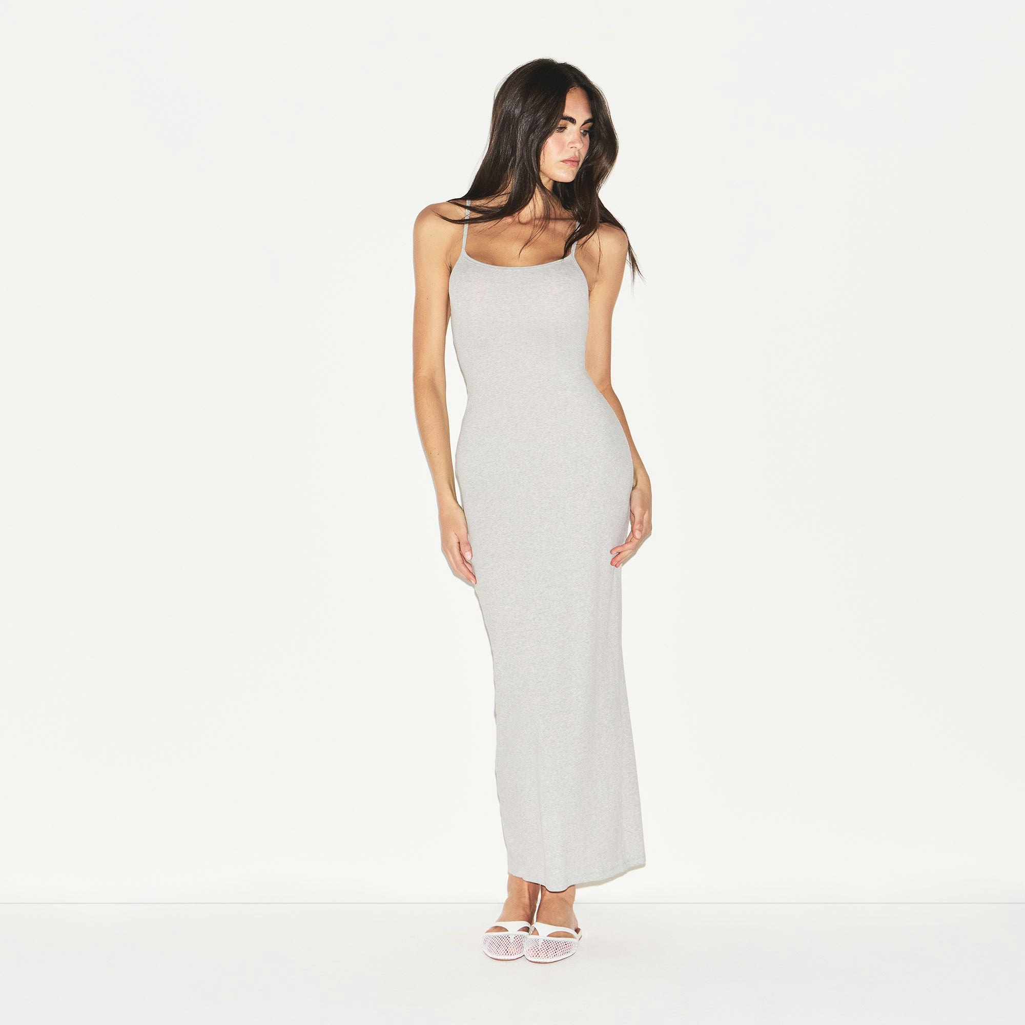 COTTON RIB LONG CAMI DRESS | LIGHT HEATHER GREY ON A MODEL FRONT VIEW | FOCUS: 0.9, 0.1, 0.7