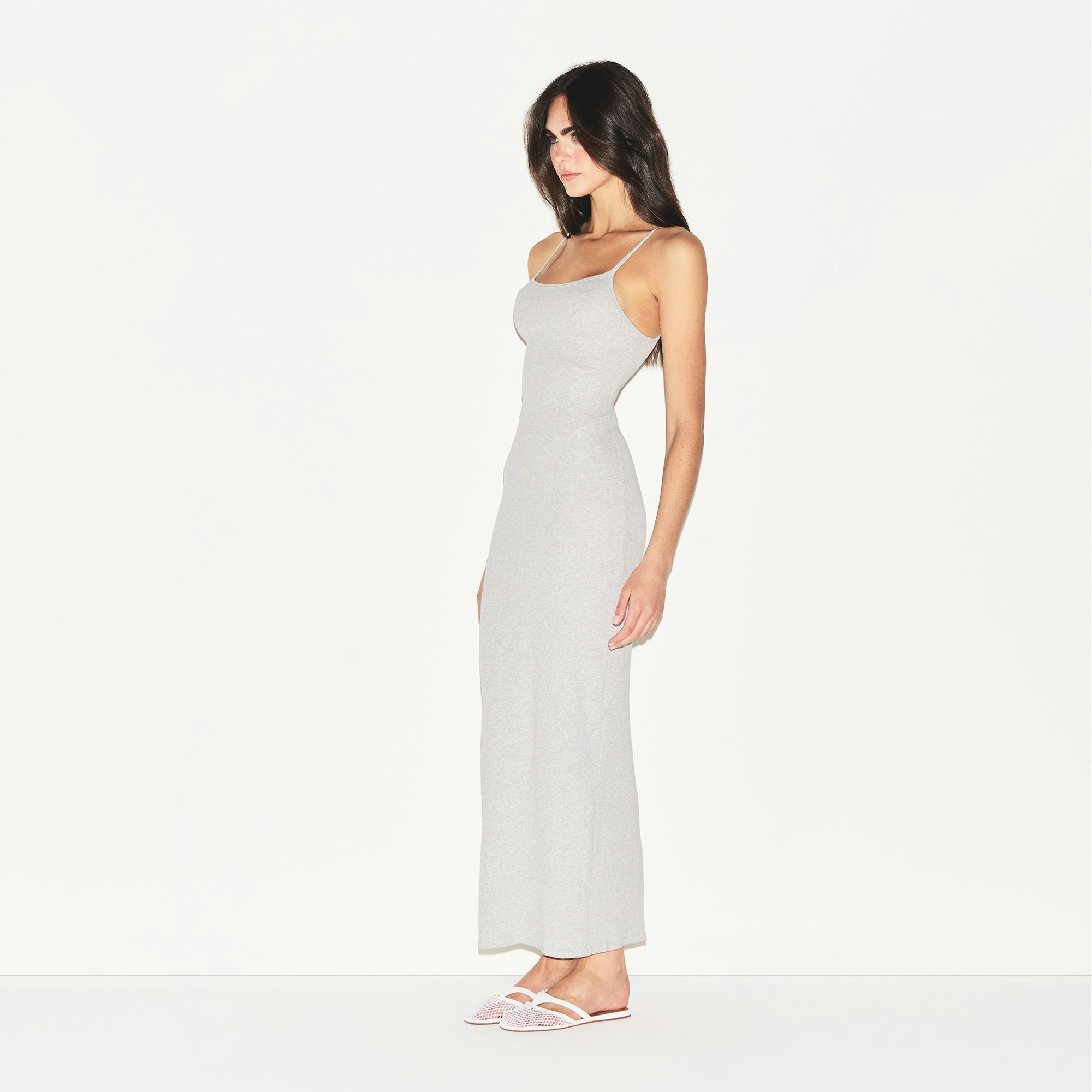 COTTON RIB LONG CAMI DRESS | LIGHT HEATHER GREY ON A MODEL SIDE VIEW | FOCUS: 0.9, 0.1, 0.7