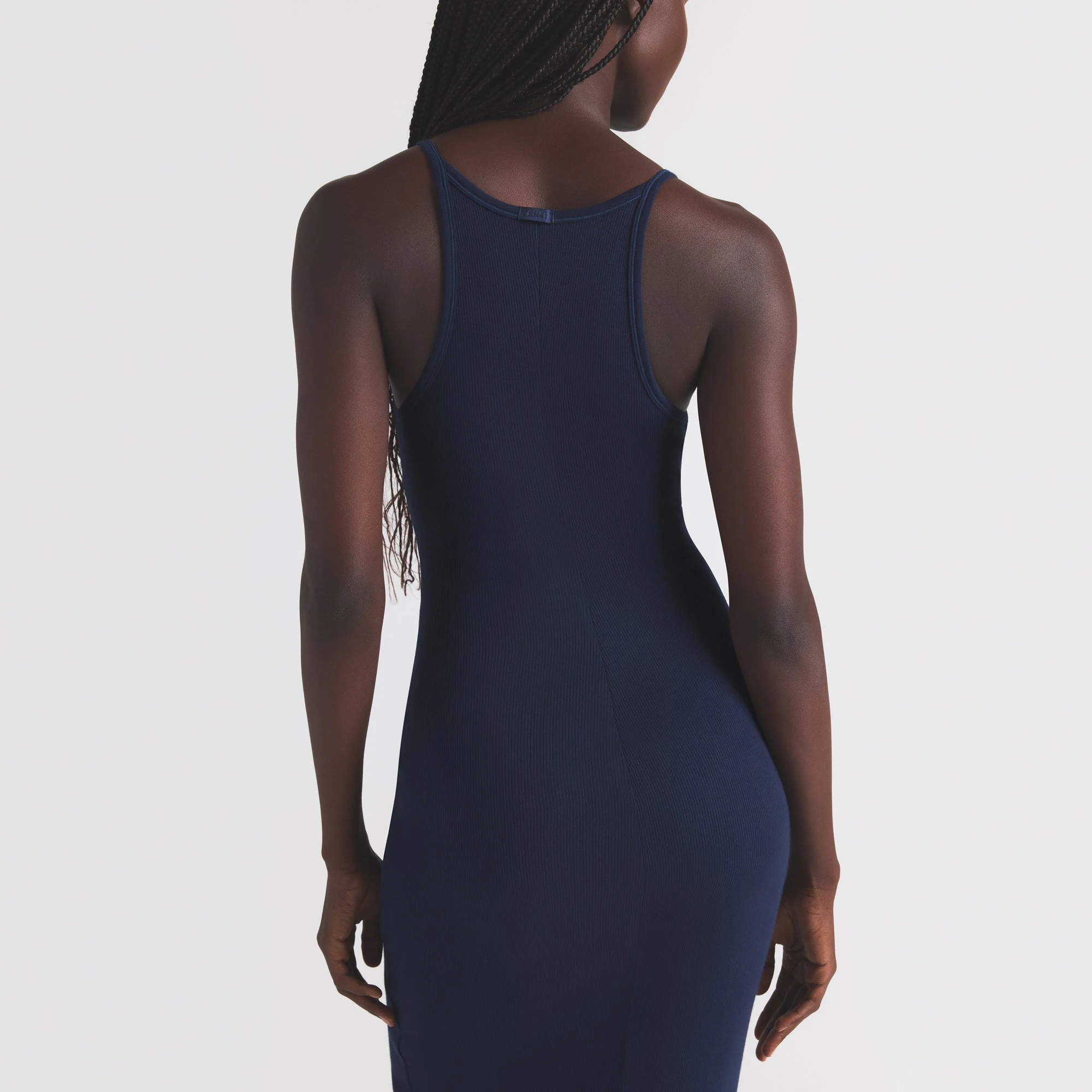 COTTON RIB LONG CAMI DRESS | NAVY ON A MODEL SIDE VIEW | FOCUS: 0.0, 1.0, 0.9