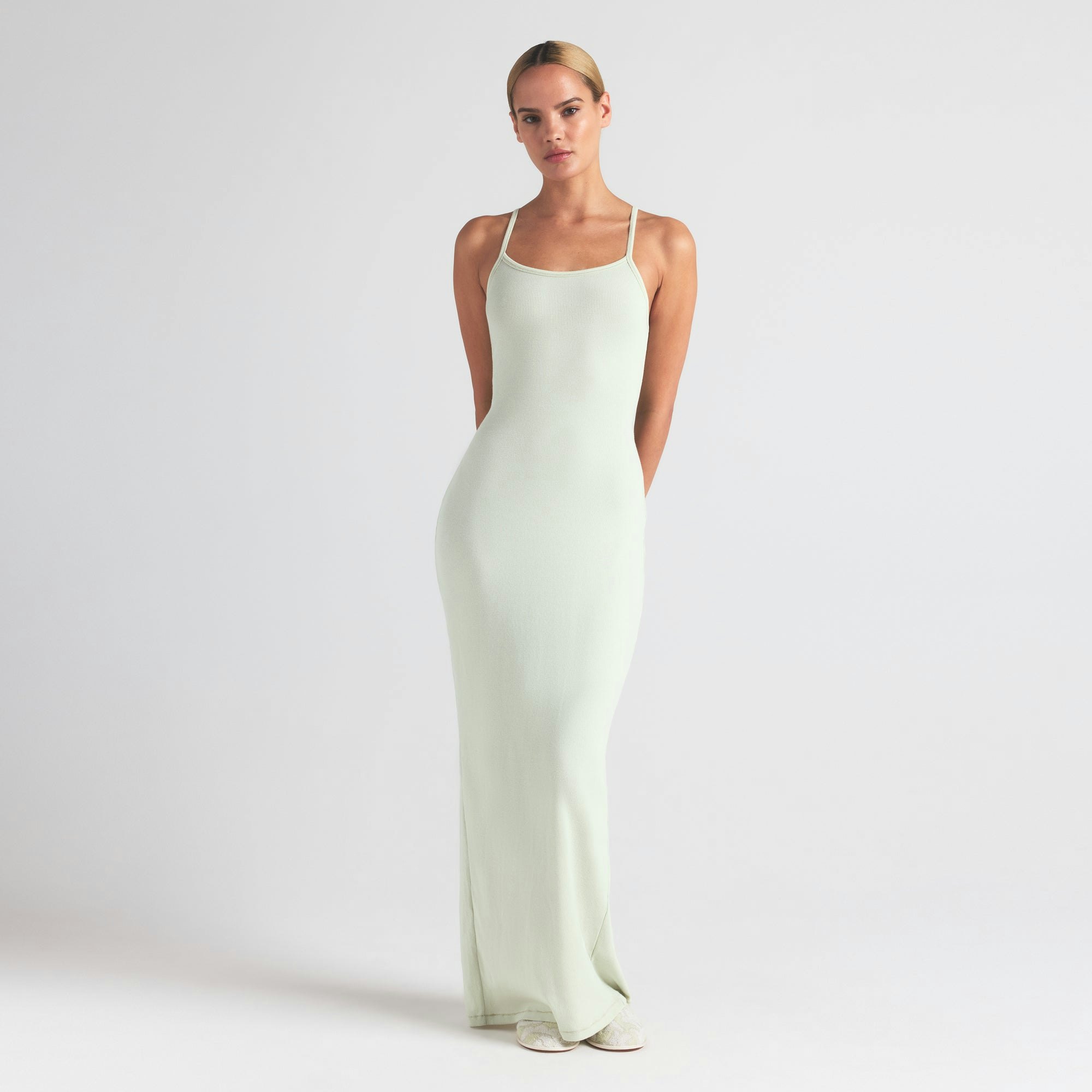 COTTON RIB LONG CAMI DRESS | SPEARMINT ON A MODEL FRONT VIEW | FOCUS: 0.0, 1.0, 0.9