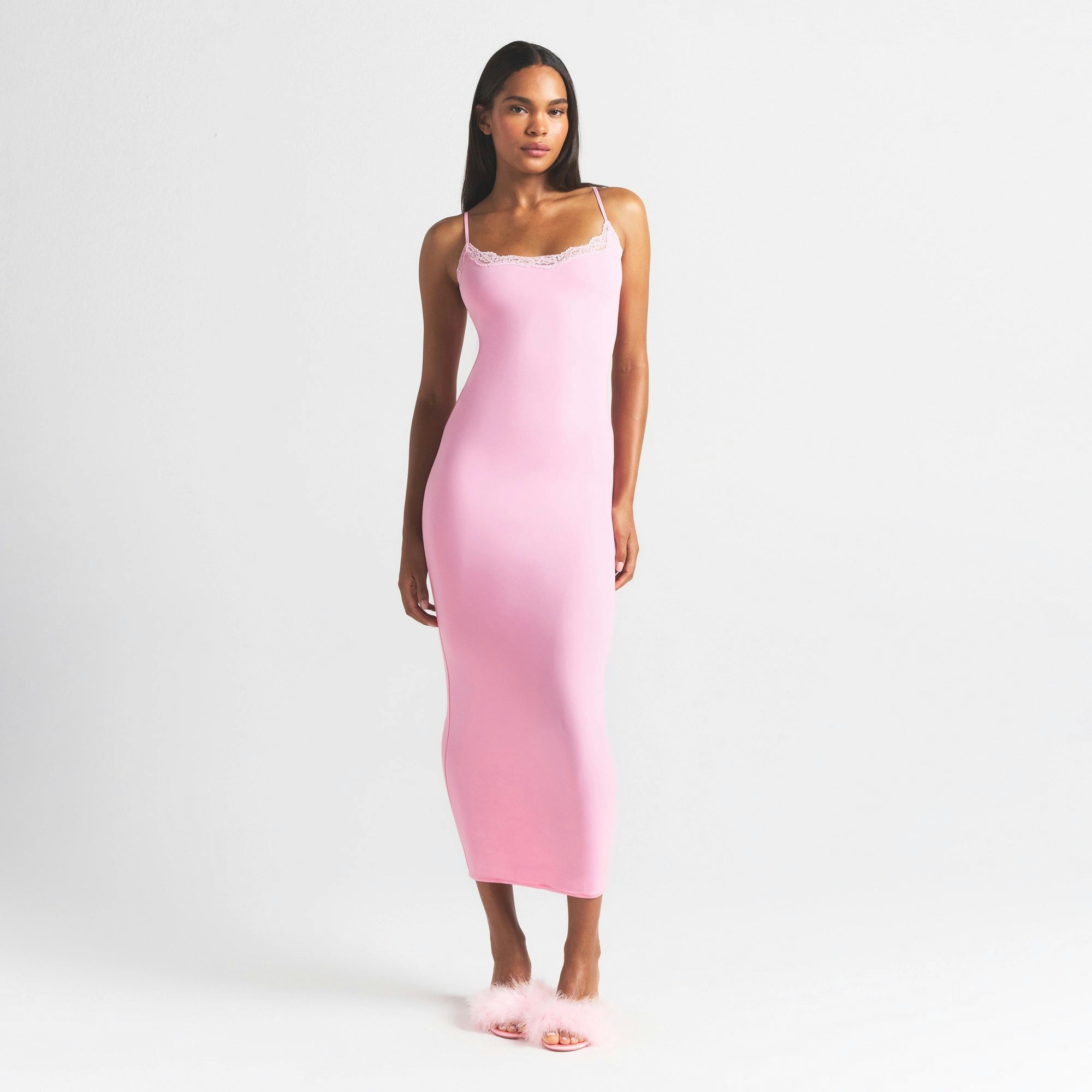 FITS EVERYBODY LACE LONG SLIP DRESS | BUBBLE GUM TONAL ON A MODEL FRONT VIEW