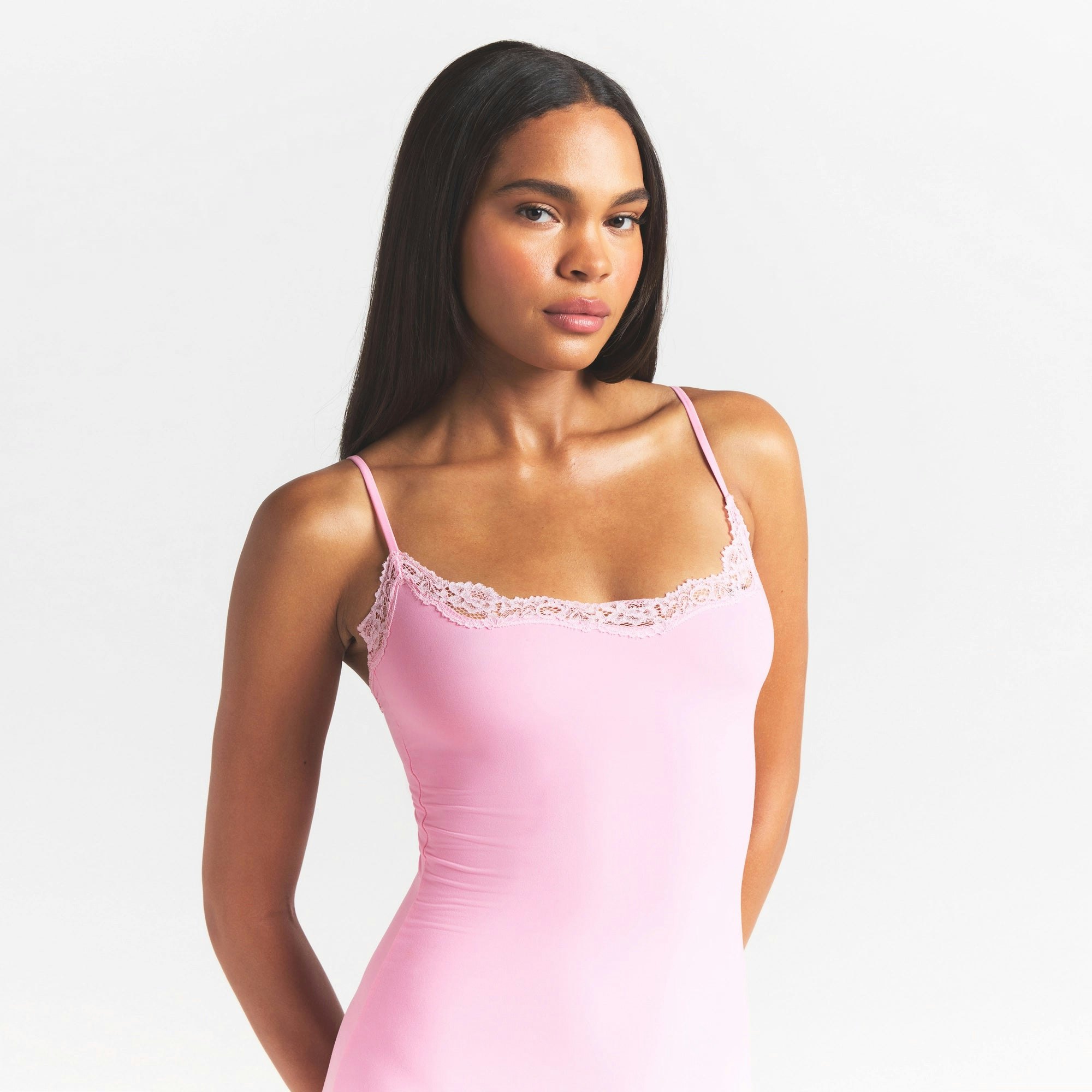 FITS EVERYBODY LACE LONG SLIP DRESS | BUBBLE GUM TONAL ON A MODEL SIDE VIEW