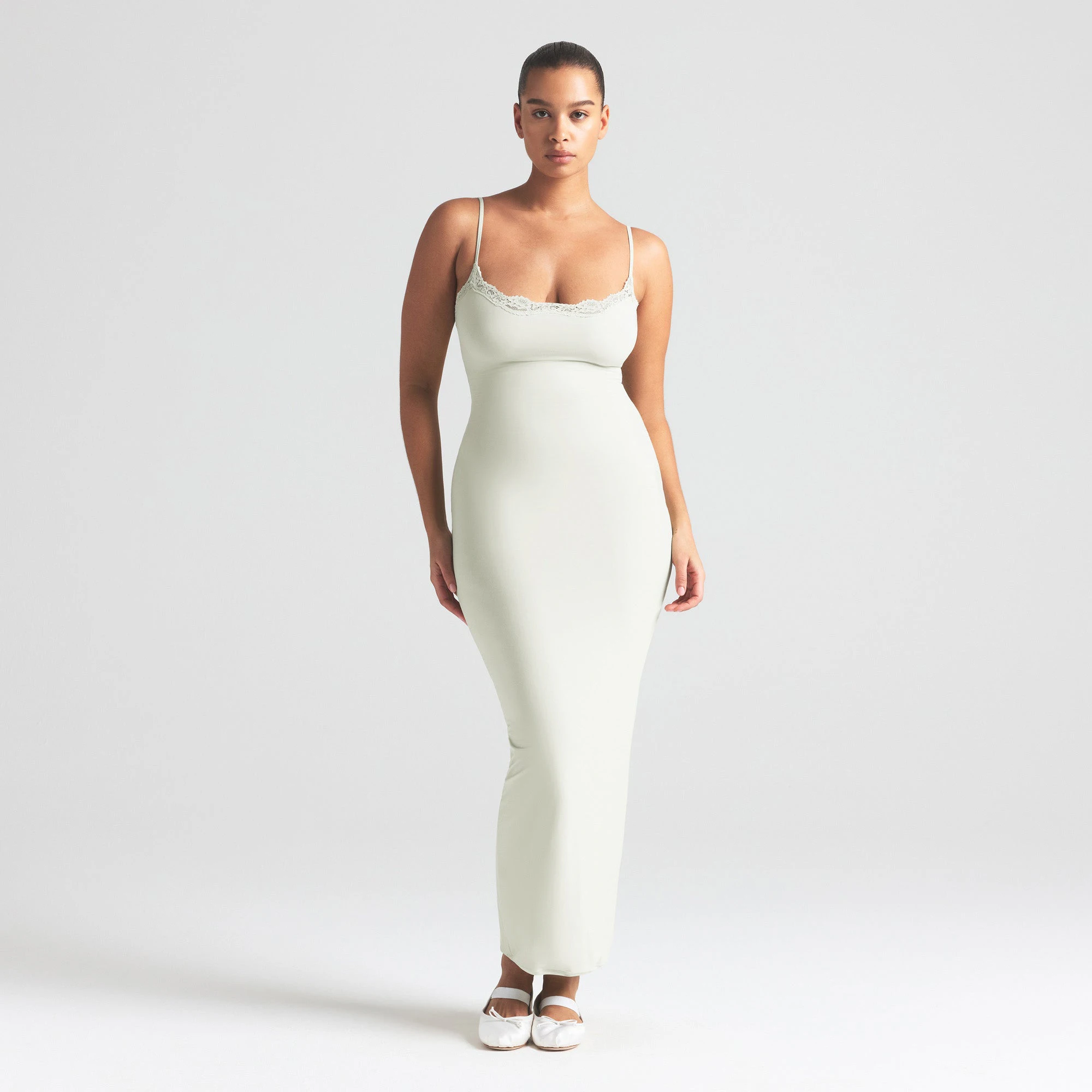 FITS EVERYBODY LACE LONG SLIP DRESS | SPEARMINT ON A MODEL FRONT VIEW | FOCUS: 0.0, 1.0, 0.9